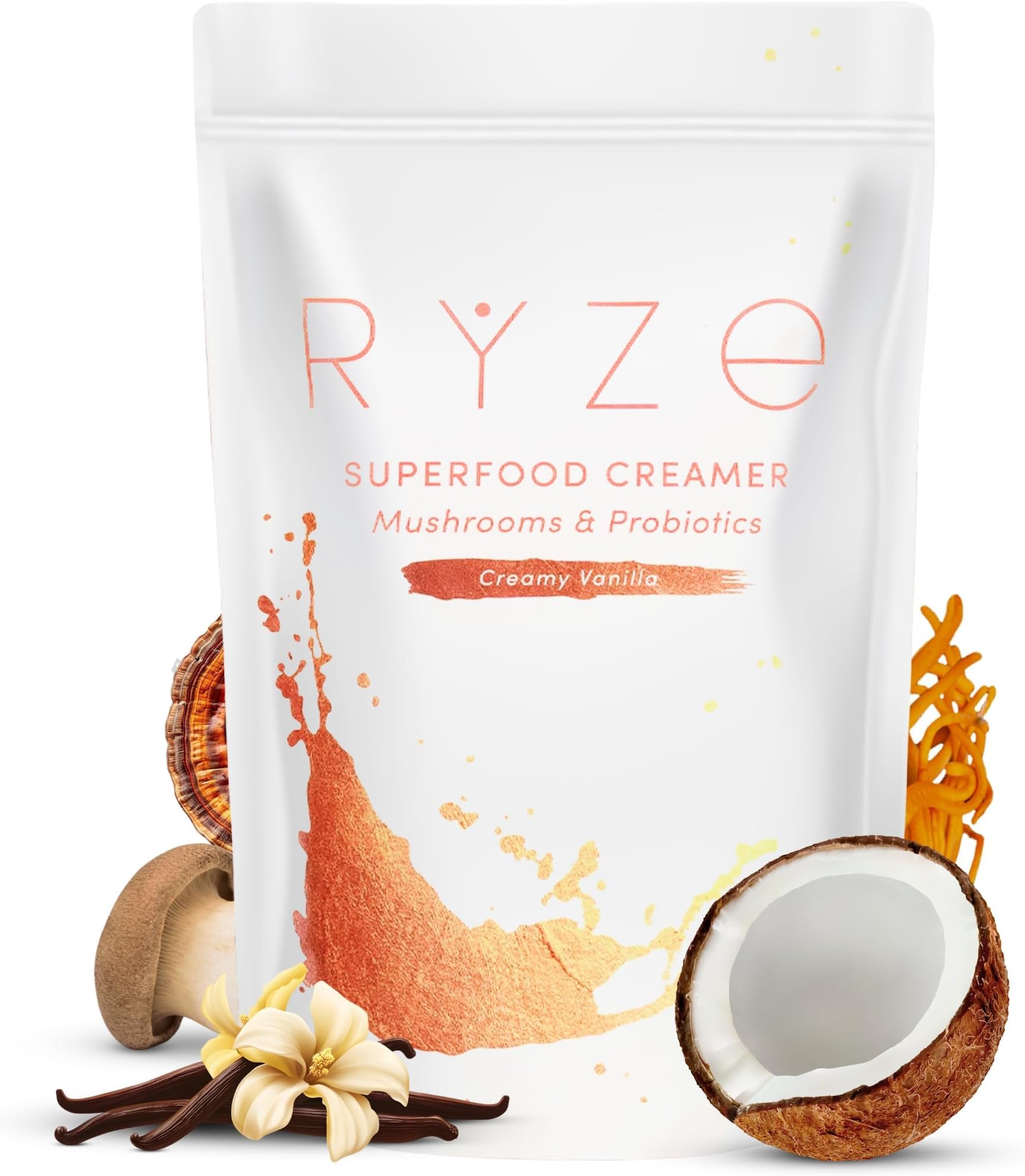 RYZE SUPERFOODS Probiotic Coffee Creamer with 6 Organic Adaptogenic Mushrooms & Probiotics for Energy, Focus, Digestion with USA Grown Turkey Tail, Shiitake, Lions Mane, Reishi, Gluten Free 30 serving