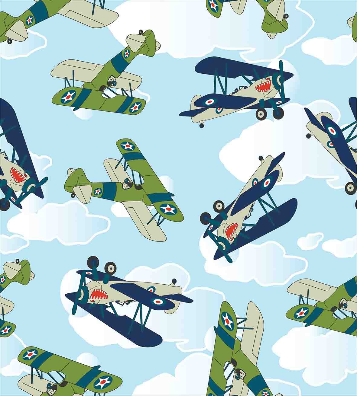 Ambesonne Airplane Duvet Cover Set, Vintage Allied Cartoon of Funny Planes Pattern Shark Teeth on Cloudy Pastel Blue Sky, Decorative 3 Piece Bedding Set with 2 Pillow Shams, Queen Size, Olive Green