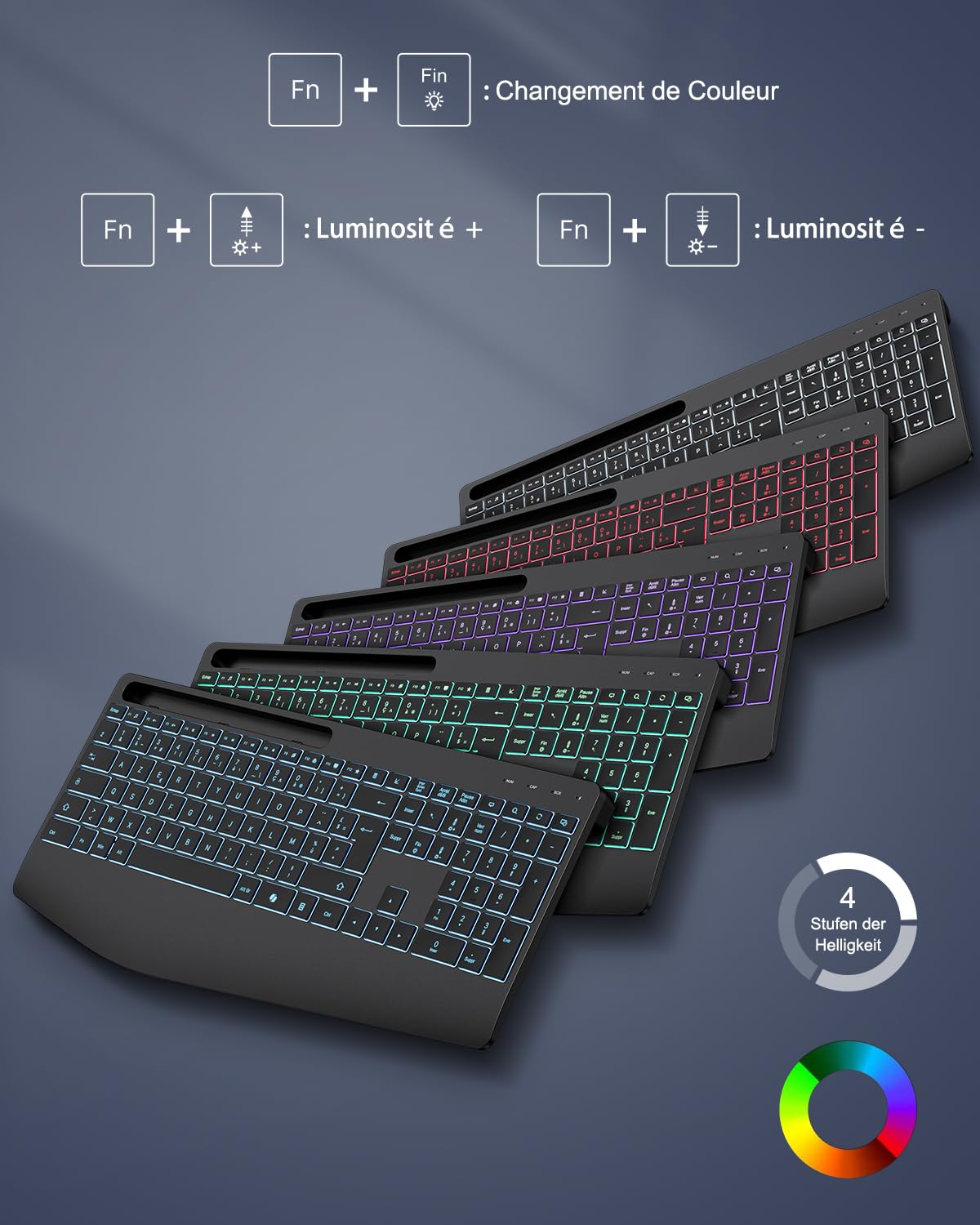 TECURS Clavier sans Fil 2,4 GHz AZERTY Français avec Repose-Poignet, Noir