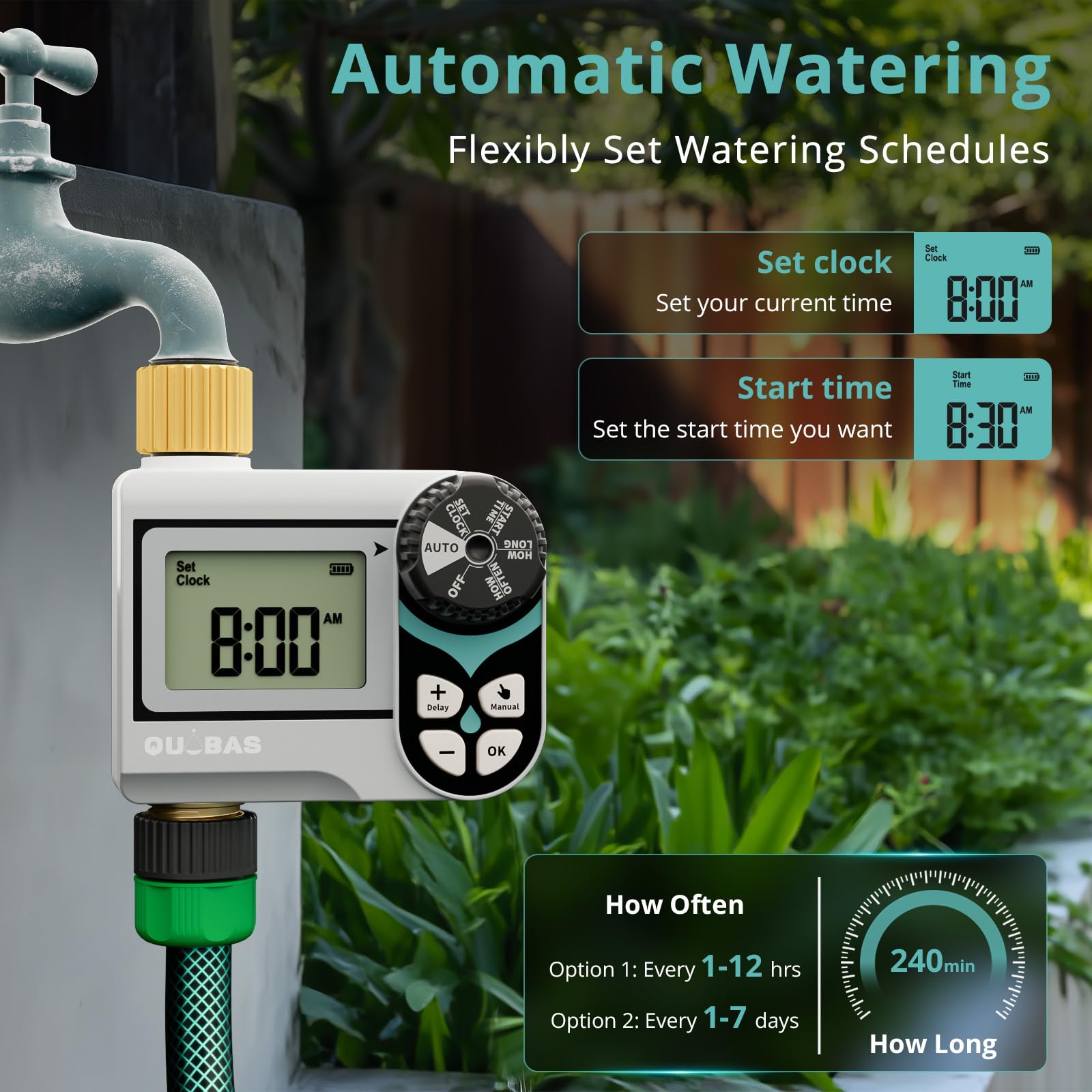 QUOBAS Kugelhahn-Sprinkler-Timer, programmierbare Wasser-Timer für Gartenschlauch-Wasserhahn mit Messinganschlüssen, Regenverzögerung/manuelles/automatisches Bewässerungssystem