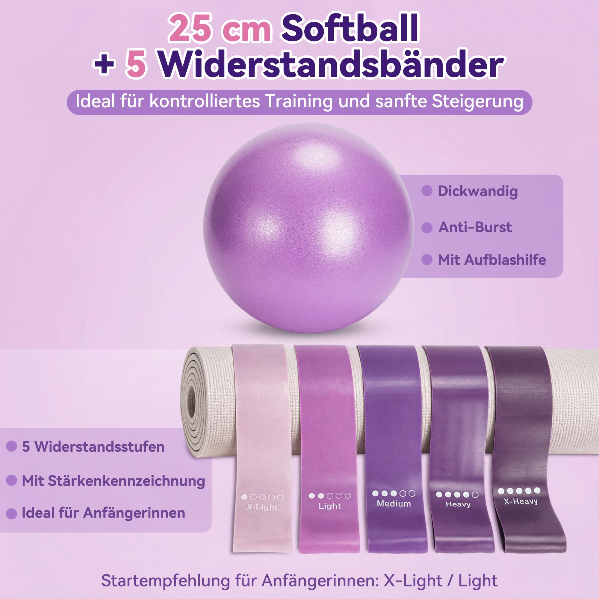 Pilates Set für Anfänger, für Fitness und Training zu Hause | Pilates Ring Set mit Ball, 5 Widerstandsbändern, Socken und 4-Wochen-Plan für Damen, Kraft, Balance und Beweglichkeit