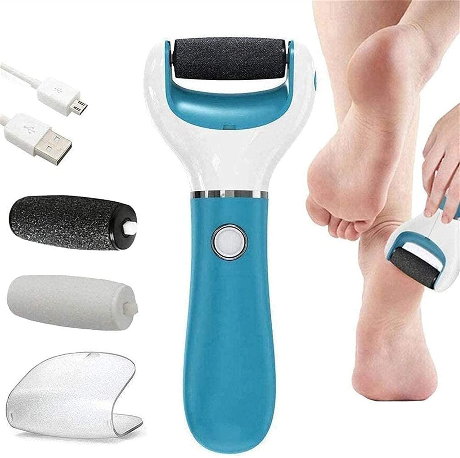 Removedor de Callos eléctricos para pies, Herramientas de pedicura de Archivo de pie Recargable, Kit removedor de Callos para Pieles secas agrietadas con 2 Cabezas de Rodillos, Azul