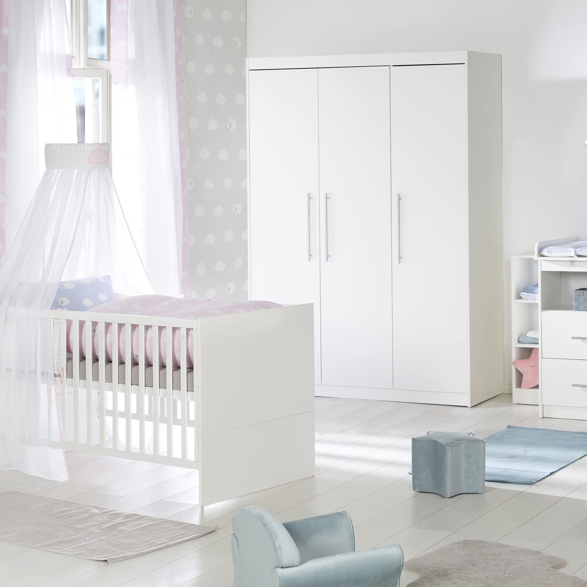 roba Juego completo de habitación infantil Maren, incluye cuna, superficie de 70 x 140 cm, cómoda cambiador estrecha con cambiador y armario de 3 puertas, color blanco