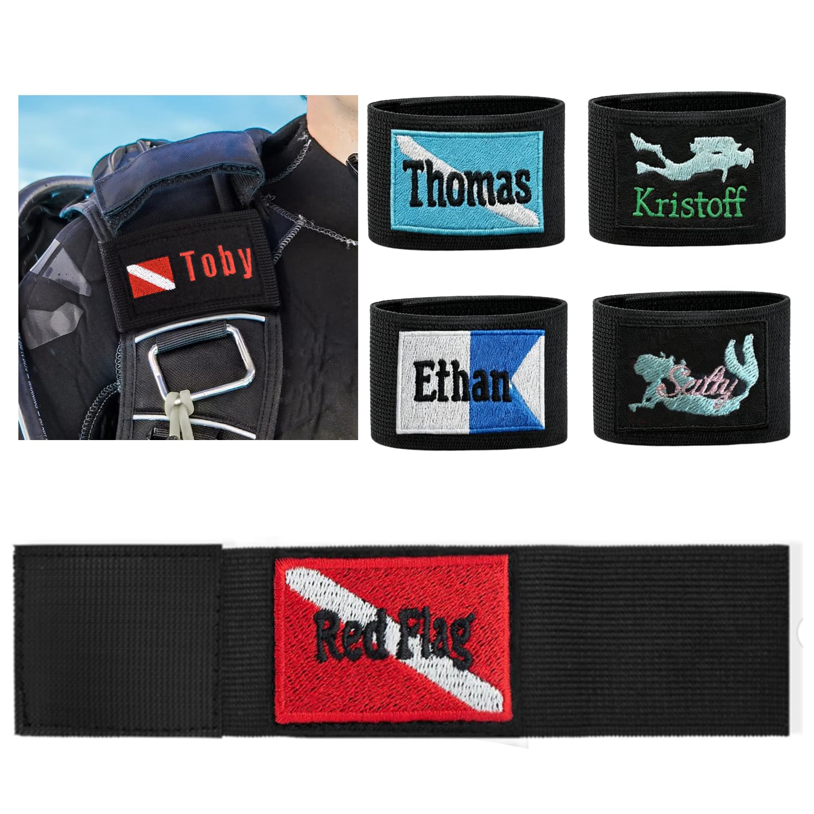 ELULAE Personalized Dive Name Tag for BCD, Custom Embroidered Dive Flag, Scuba Identification Tags for Scuba Divers, Diving Instructors, Divemasters, and New Diving Students, Dive Club Birthday Gifts