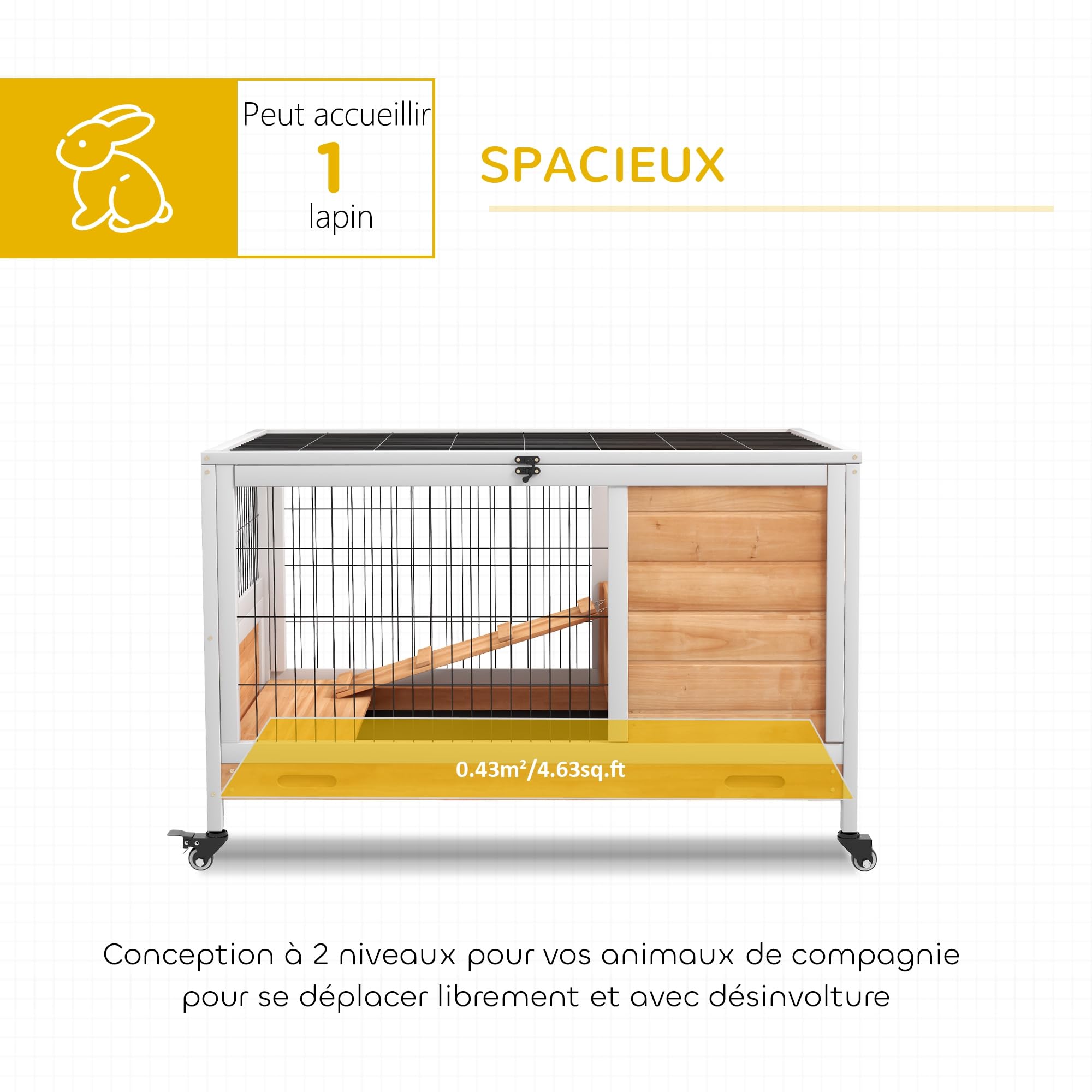 PawHut Clapier Lapin intérieur, Cage Lapin avec Toit ouvrant, roulettes, Plateau Amovible et Rampe, Cage en Bois, 90 x 53 x 59 cm, Jaune et Blanc