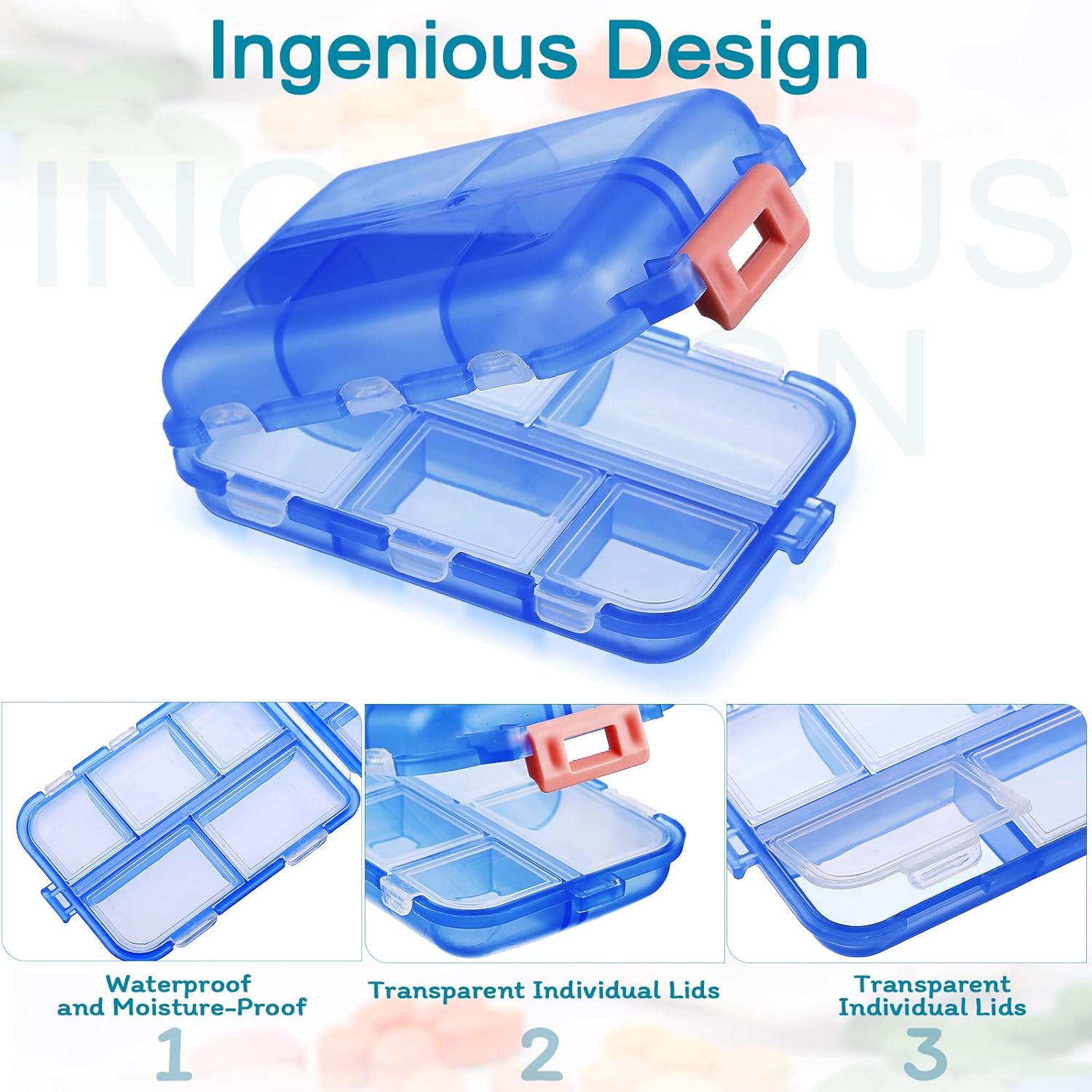 Mumufy 32 Pcs Travel Pill Organizer Bulk 10 Compartments Pocket Portable Pill Case Daily Box Dispenser for Vitamin Fish Oil Compartments Different Medicines, 8 Colors