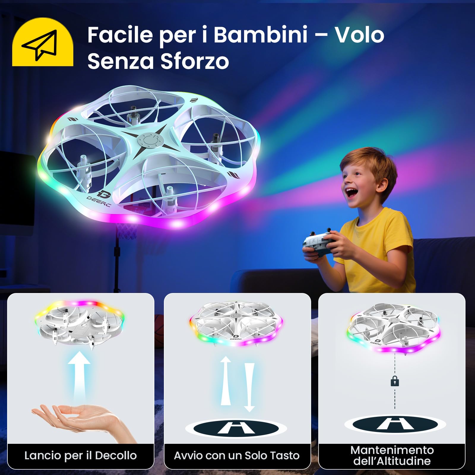 DEERC D13 Mini Drone per Bambini con 3 Batterie, Evitamento Ostacoli e LED | Mini UFO Facile da Usare con 6 Modalità LED, Lancio a Mano, Flip 3D, Regalo per Bambini 6-12 Anni