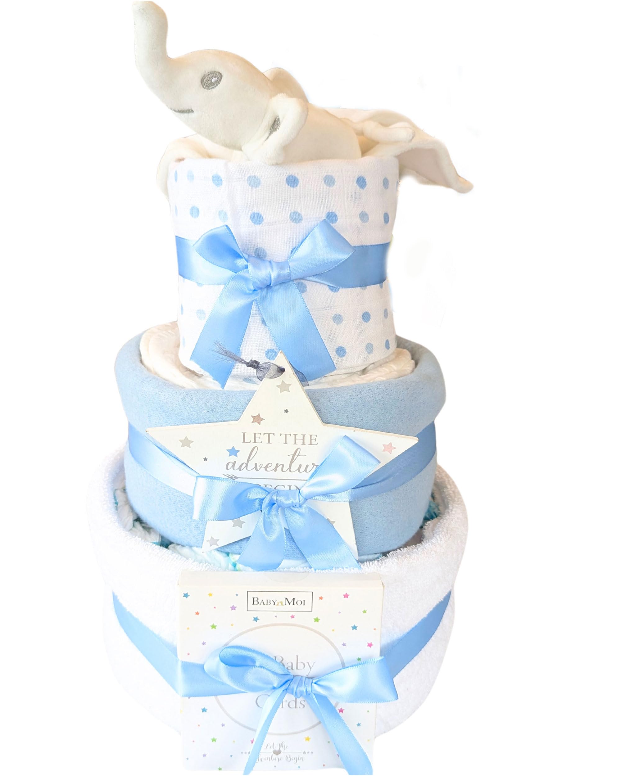 Gift for new Baby Boy New Born Nappy Cakes Blue Elephant Safari Themed New Parent Gift Hamper Set