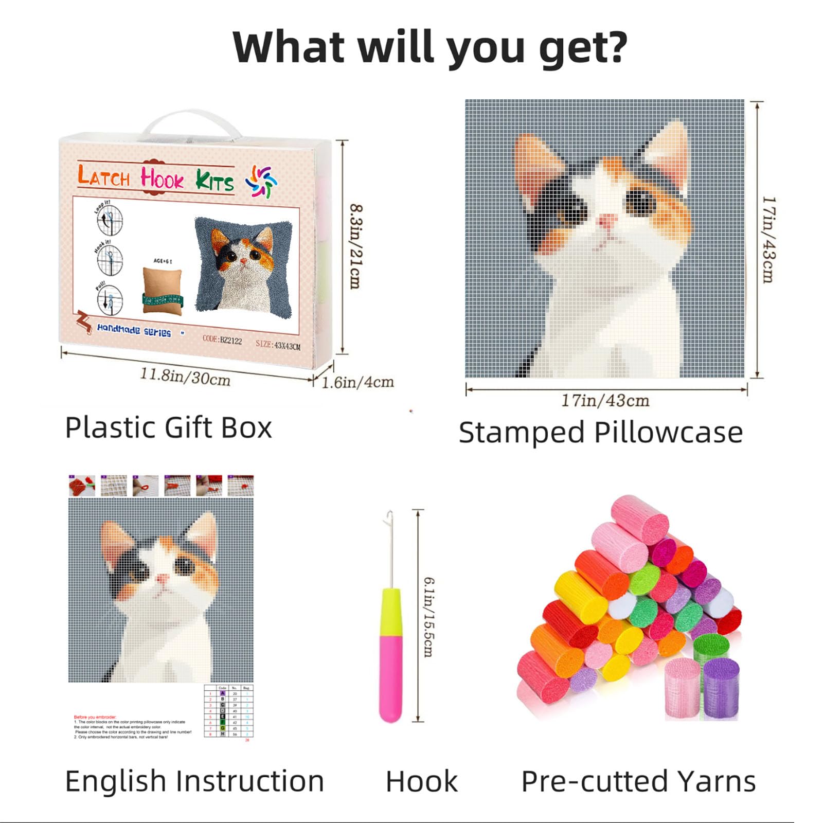 DIY Latch Hook Pillow Kits Cute Cat Printed Pillowcase Crochet Yarns Hooking Handmade Pillow Cover Cushion for Home Sofa Decoration 17x17inch-7