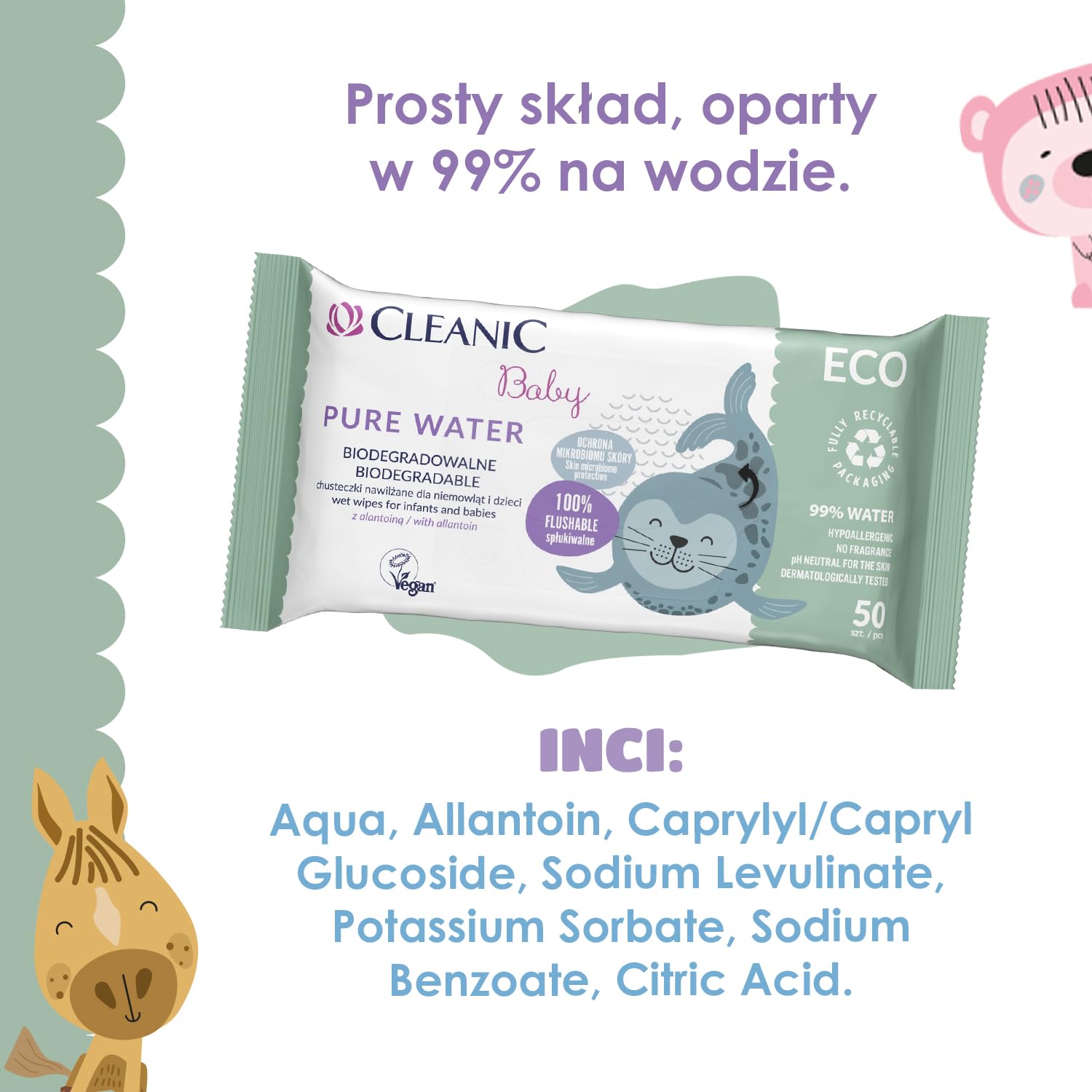 Cleanic Chusteczki nawilżane Baby Eco Pure Water dla dzieci i niemowląt - 99% skład na bazie wody - alantoina - bez perfum - jednorazowe - dla skóry wrażliwej - 50 x 16 sztuk