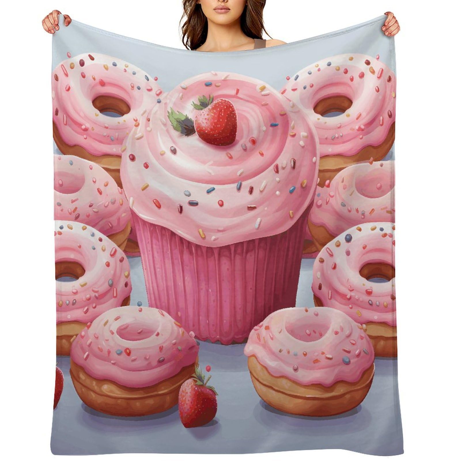 Pink Donut and Cupcake Blankets Large Luxury Flannel Throw Blanket Fashion Thick Blanket for Sofa&Bed Blankets Cozy Ultra-Soft Bath Towel for Men&Women 60"x80"