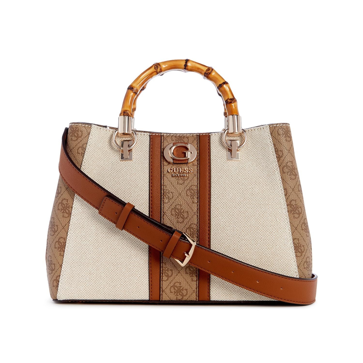 GUESS Kerima Bamboo Girlfriend Satchel, Natural/Latte Logo