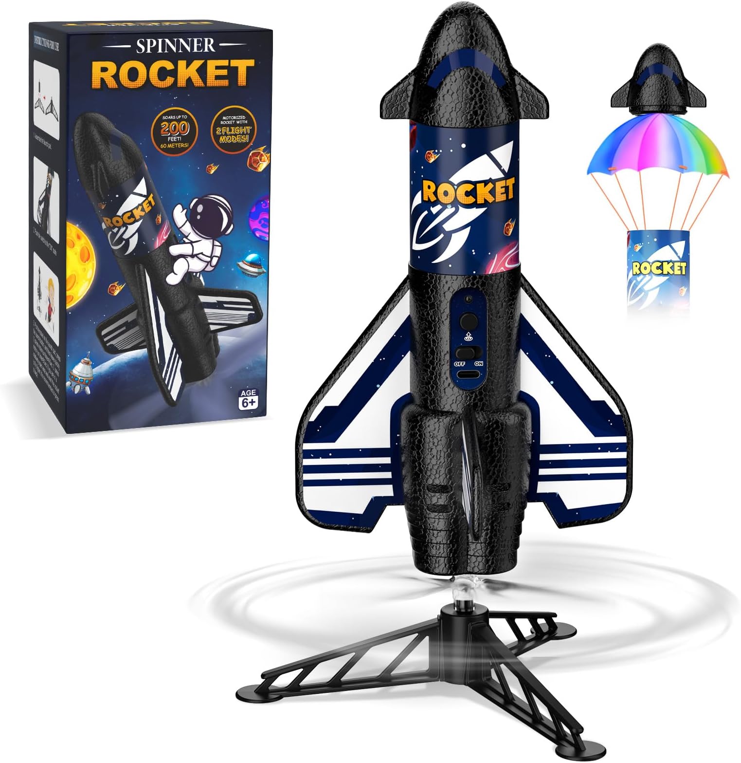 Rocket Launcher for Kids, 200 ft Flight Altitude Self Launching Motorized Rocket Toy with Safety Parachute Land and LED Light, Outdoor Toys Gifts for Ages 6-12 Kids Boys & Girls