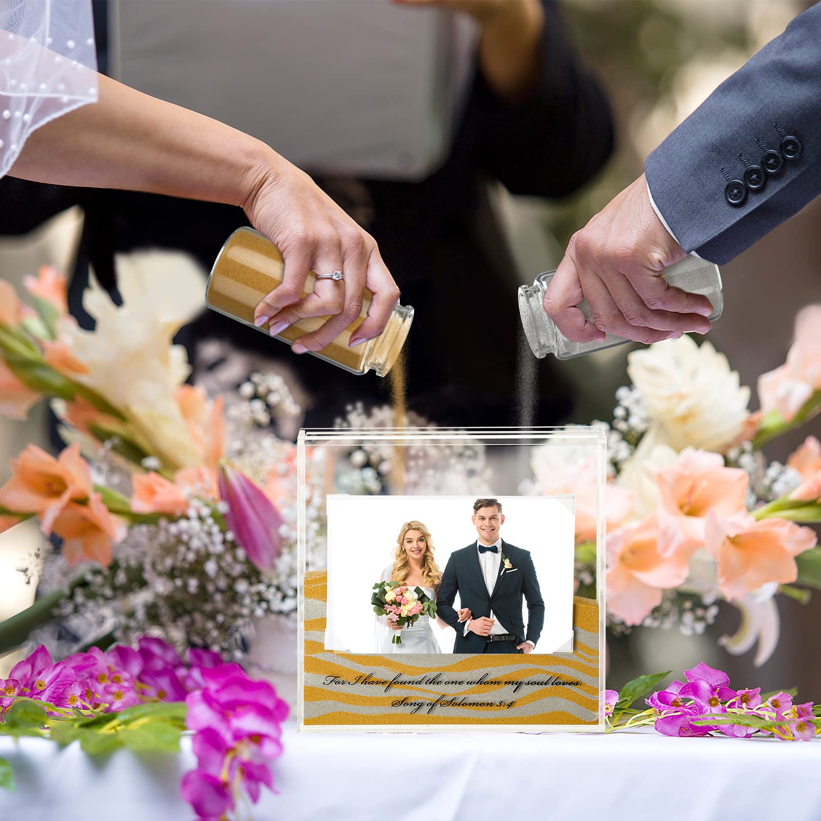 Roowest Sand Ceremony Kit for Wedding Includes Clear Acrylic Unity Sand Ceremony Photo Frame 2 Pack Sand Photo Fixing Corner Stickers and 2 Glass Unity Sand Holder for Wedding Decorations Home Decor