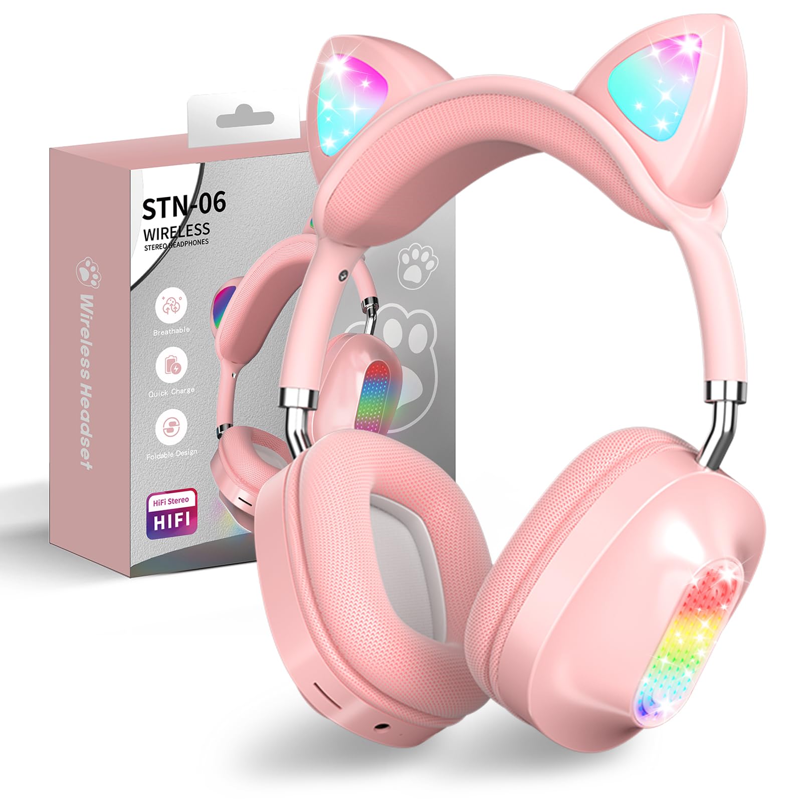 Cuffie per Bambini Wireless con Luce LED, Cuffie Bluetooth per Ragazze con Orecchie di Gatto Cuffie Pieghevoli Sull'orecchio con Microfono, Micro SD Regalo di Natale/Compleanno per Ragazze(Viola