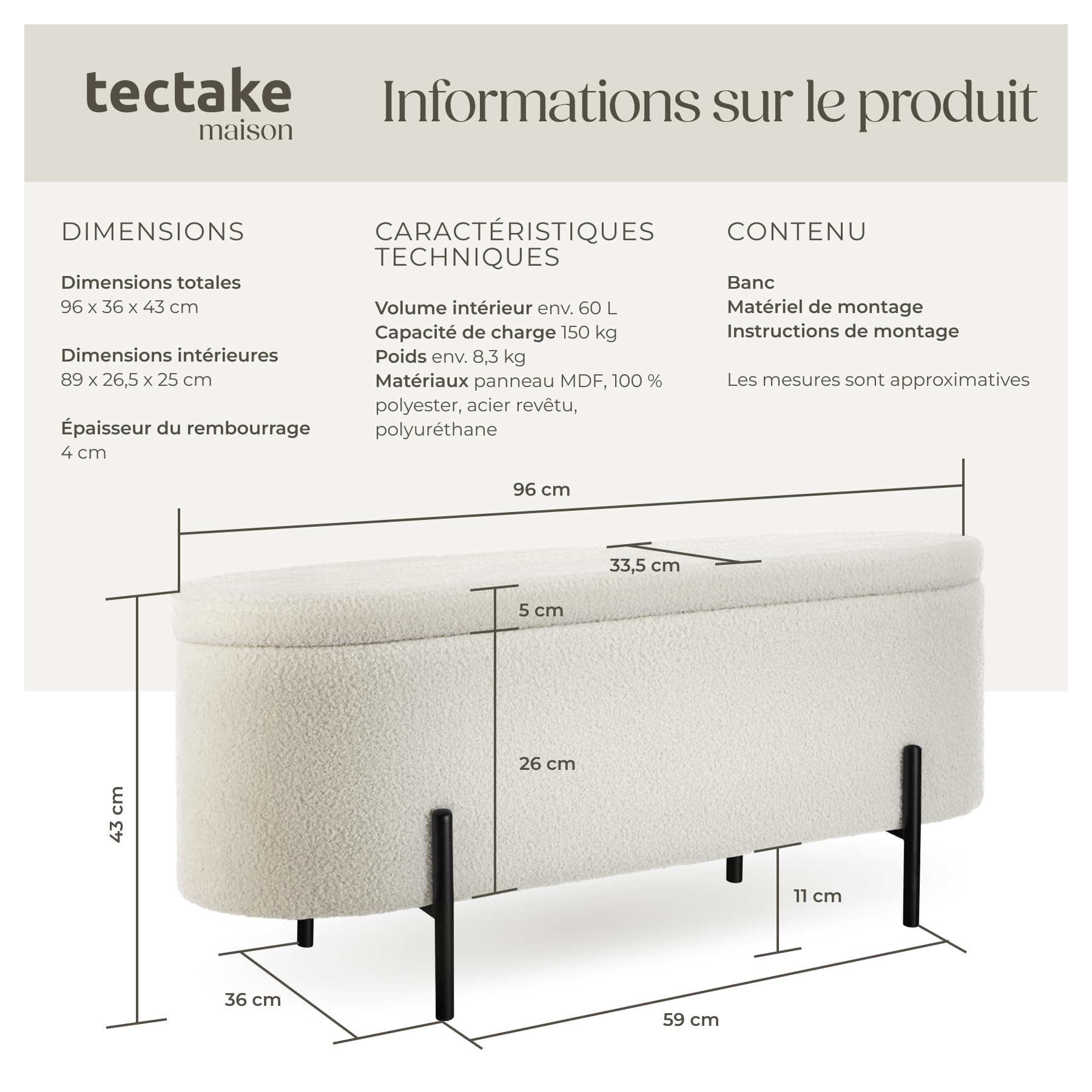 tectake® Banc de Rangement Bout de lit Coffre Bouclette Banc Entree Pouf Chambre Dressing Chambre Adulte Repose Pied Tabouret Coiffeuse Meuble Salon Maison Cosy Coffre a Jouet Meuble Rangement Enfant