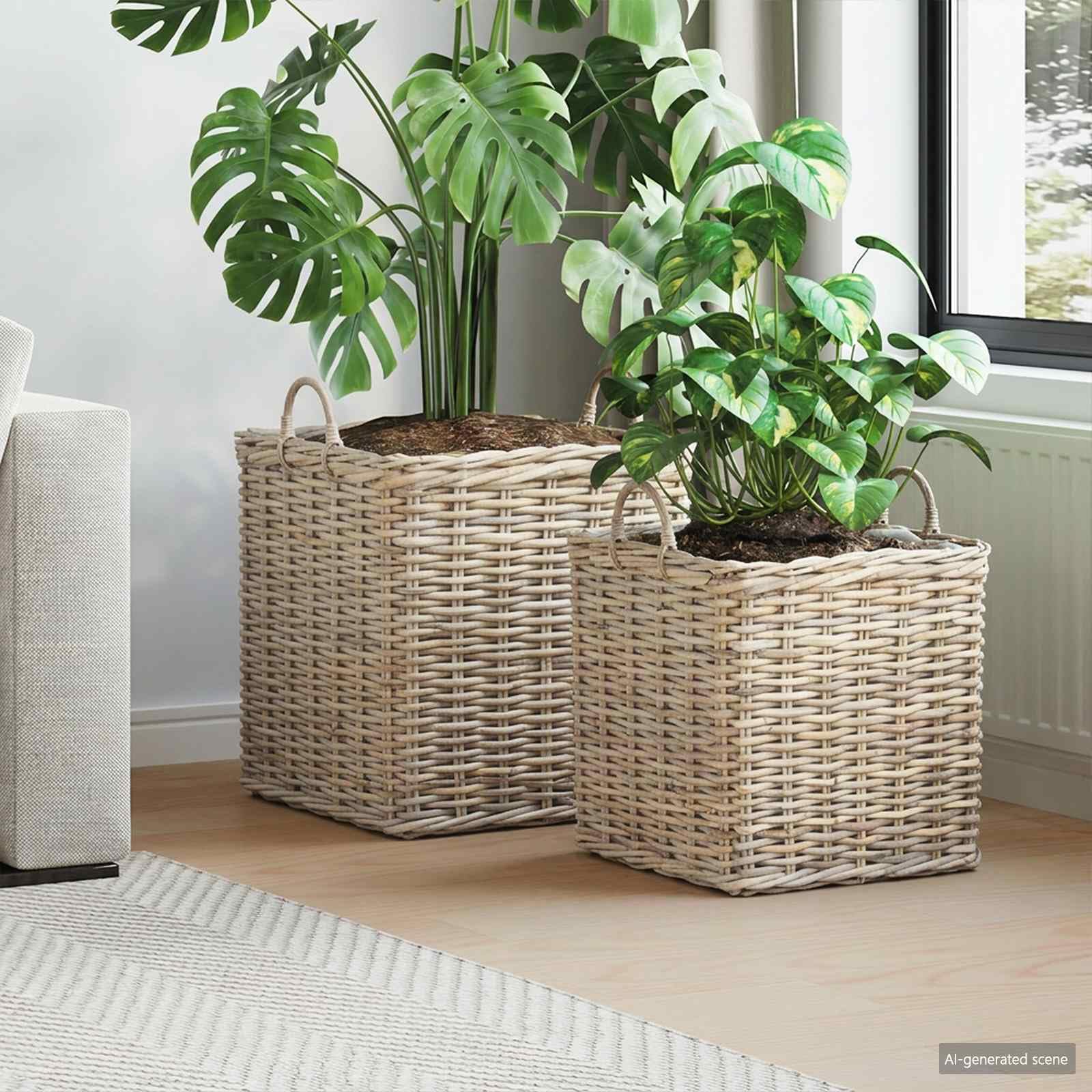 Juego de 2 macetas con almacenamiento de mimbre Kubu en gris natural para interior y exterior, plegable, con revestimiento interior impermeable, ideal para plantas, decoración