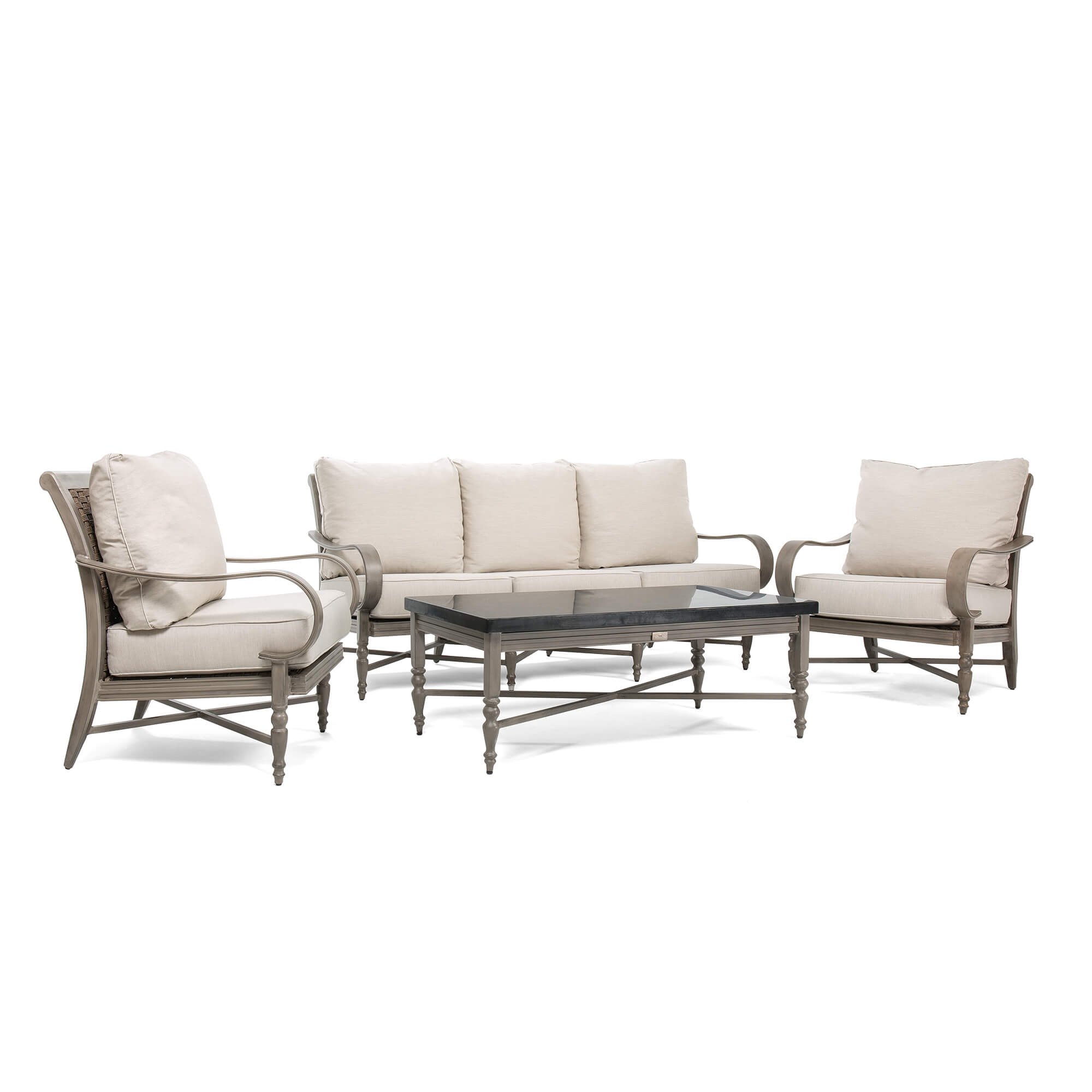 Outdoor Saylor 4PC Patio Furniture Conversation Set (Sofa, Aluminum Top Coffee Table, 2 Lounge Chairs) with Outdura Remy Sand Cushion