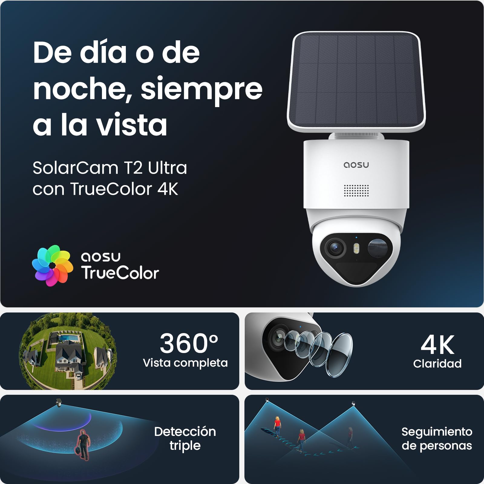 aosu 4K Cámara de vigilancia Exterior con batería Solar [2026 TrueColor Visión Nocturna a Color] Radar con PIR detección precisa, cámara 360° Exterior con Panel Solar Desmontable, luz y Sonido Alarma