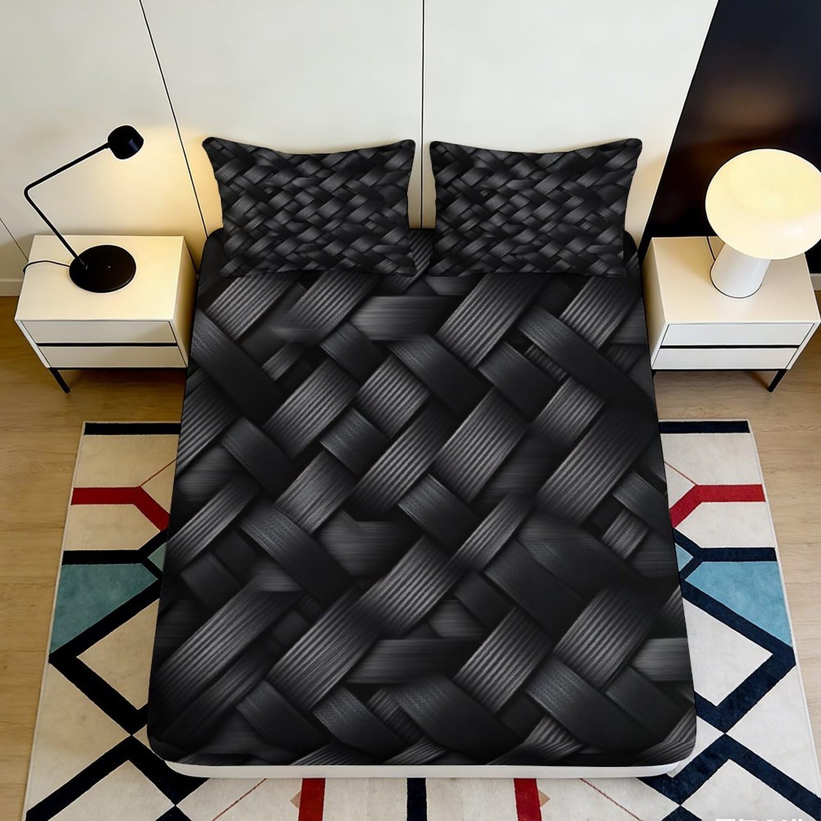 Kzqnxhjprl Style-7 3D Printed Black Woven Pattern Fitted Sheet Microfiber Modern Geometric Mattress Cover For Bedroom Guest Room Decor 90X200x25cm