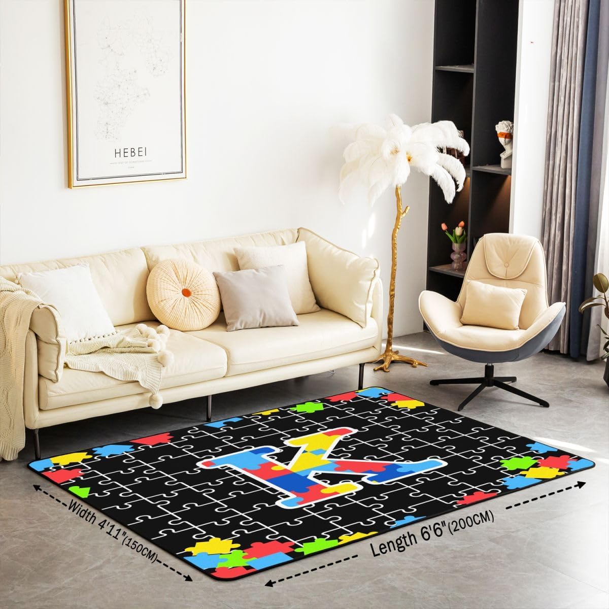 Jigsaw Puzzle Area Rug Monogram Letter K Indoor Floor Mats Entrance Rugs for Kids Boys Girls Room Decor,Geometric Puzzle Games Non Slip Absorbent Carpets, 4'11" x 3'3" (Rectangular)