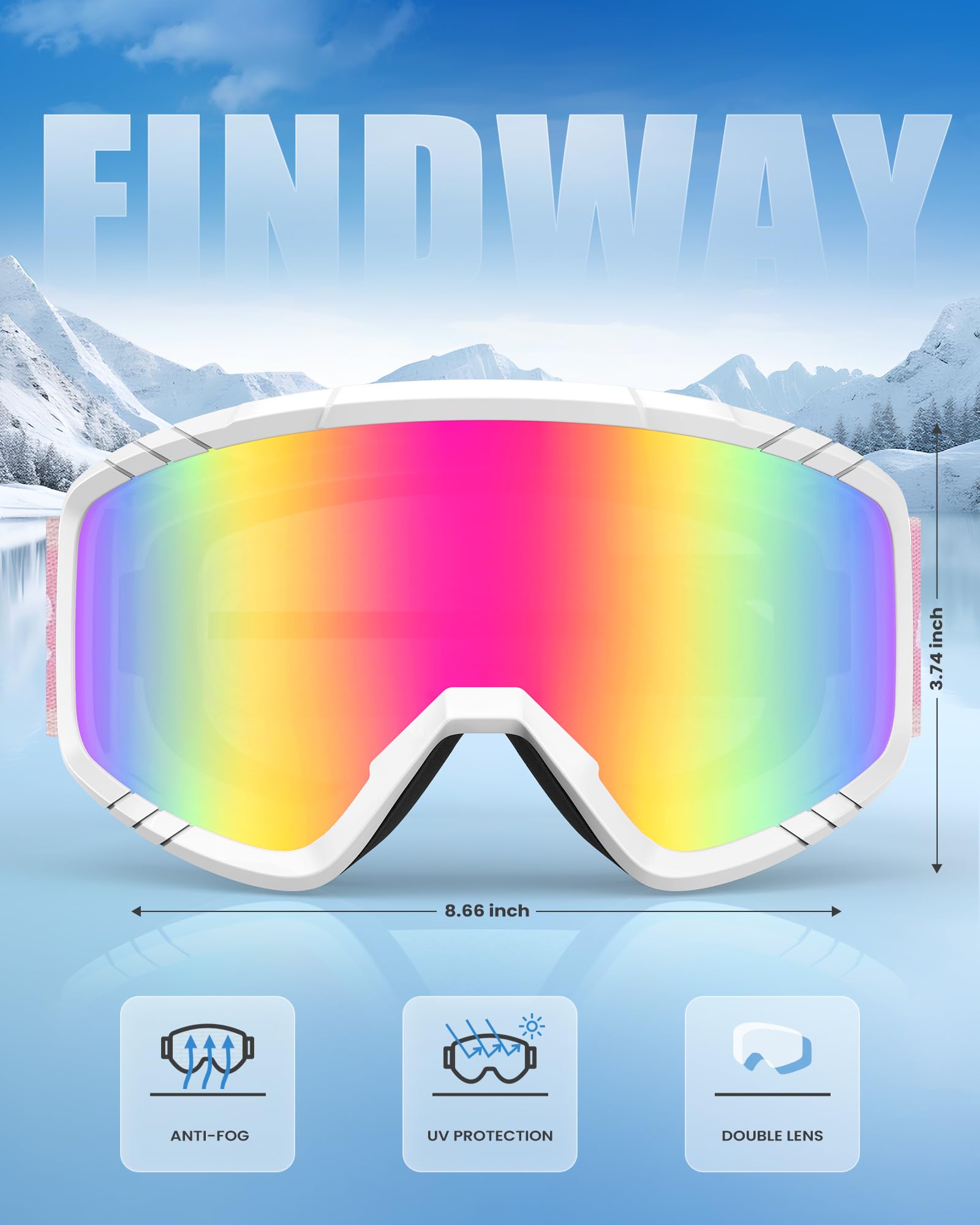 Findway Maschera da Sci, Occhiali da Sci per Uomo Donna Teenager OTG Maschere Sci, 100% Anti-UV Maschera Sci, Anti Nebbia, Adatto a Snowboard, Motocross e Altri Sport Invernali