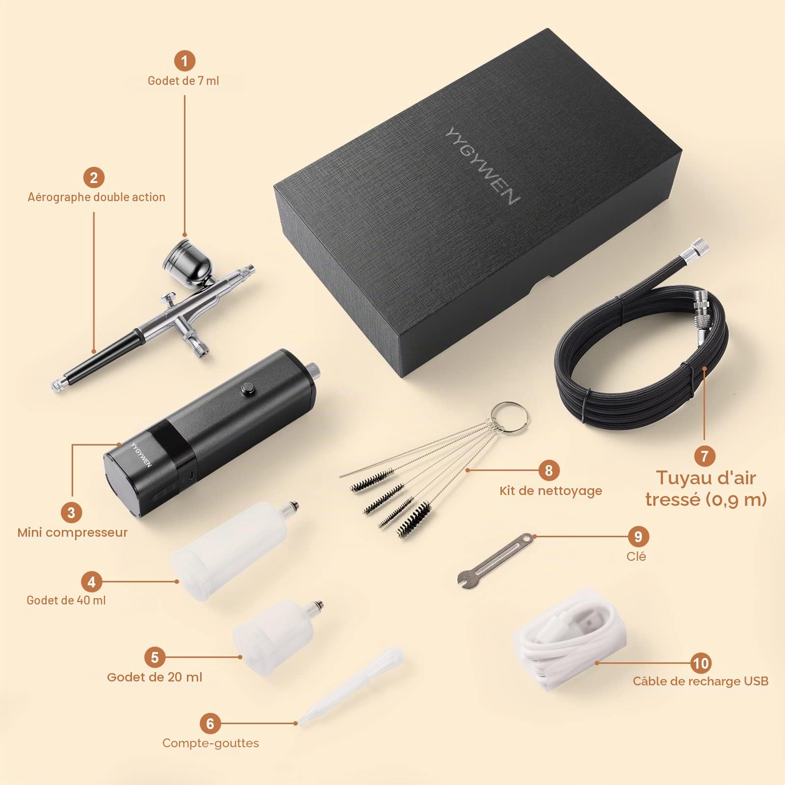 YF YOUFU Kit aérographe sans fil avec compresseur, mini pistolet à air portable 32 PSI haute pression pour peinture, tatouage, nail art, maquillage, gâteau, barbier