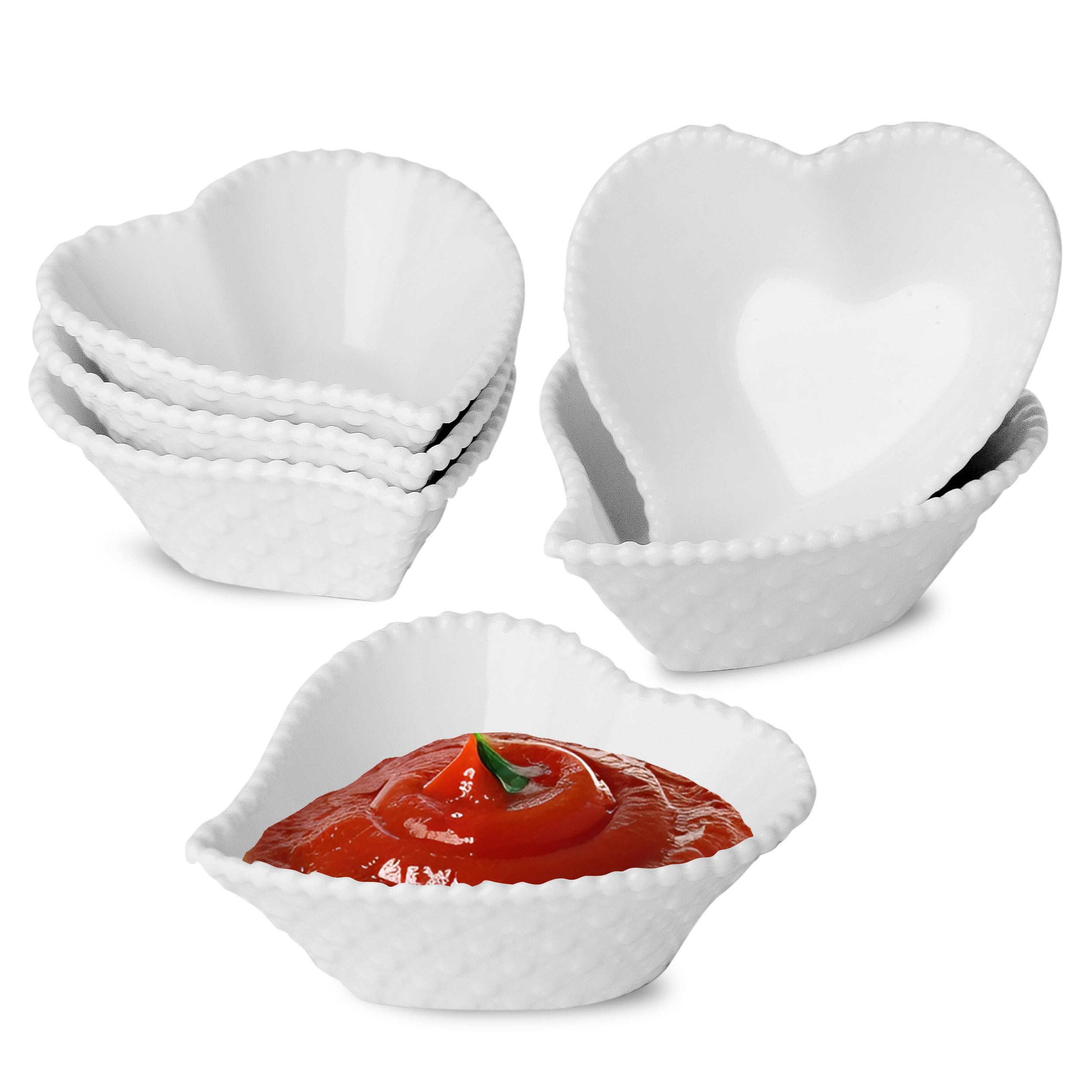 UIBFCWN 6 Pack 1.7 Oz Ceramic Soy Sauce Dish, White Dipping Sauce Bowls, Heart Shape Dipping Bowls for Ketchup, Vinegar, Sushi, BBQ and Party Dinner, Condiment Server — image 1