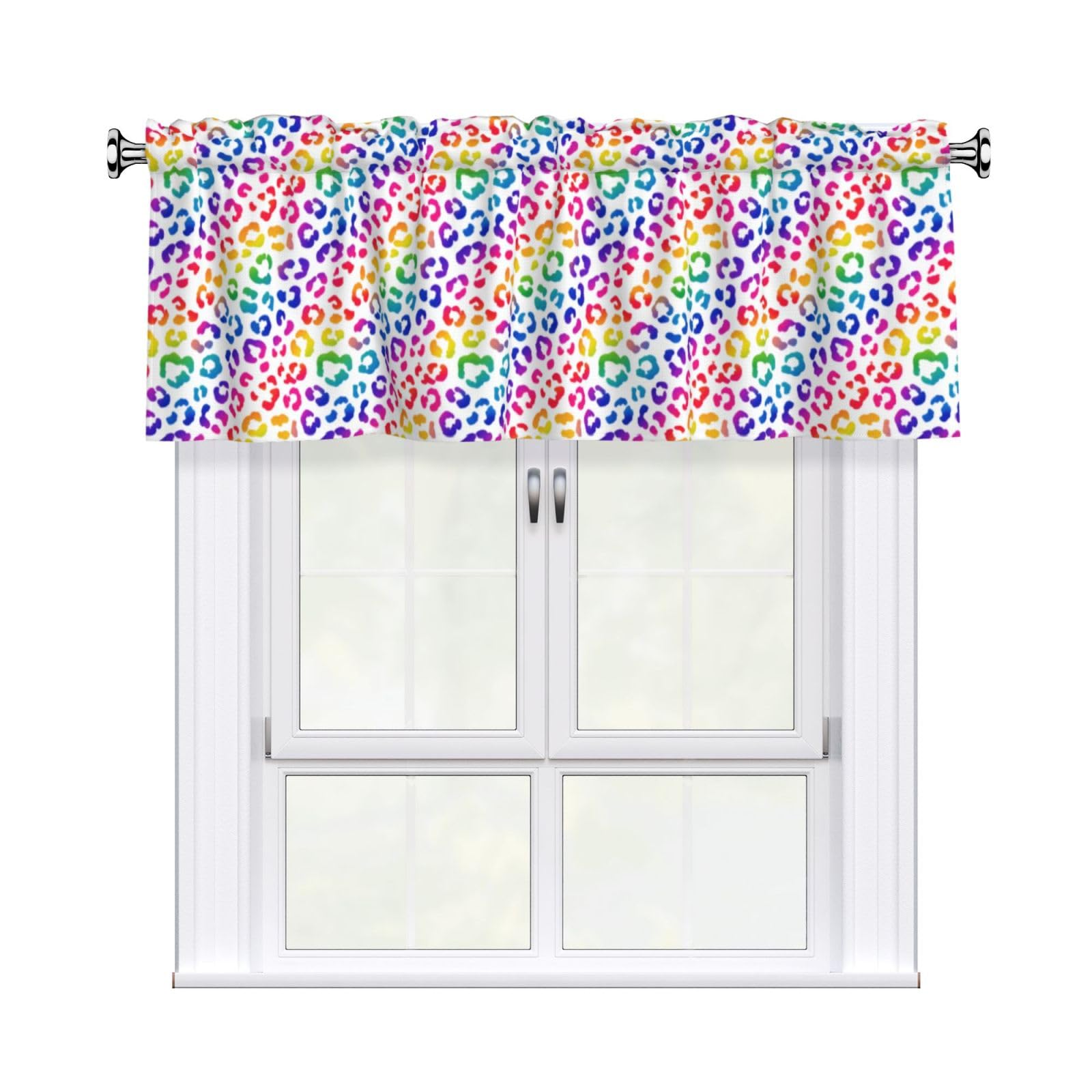 Woshuwo Rainbow Leopard Spots On White Valances For Windows Rod Pocket Window Treatment Short Curtains For Kitchen Living Room Bedroom Decor 54x18in