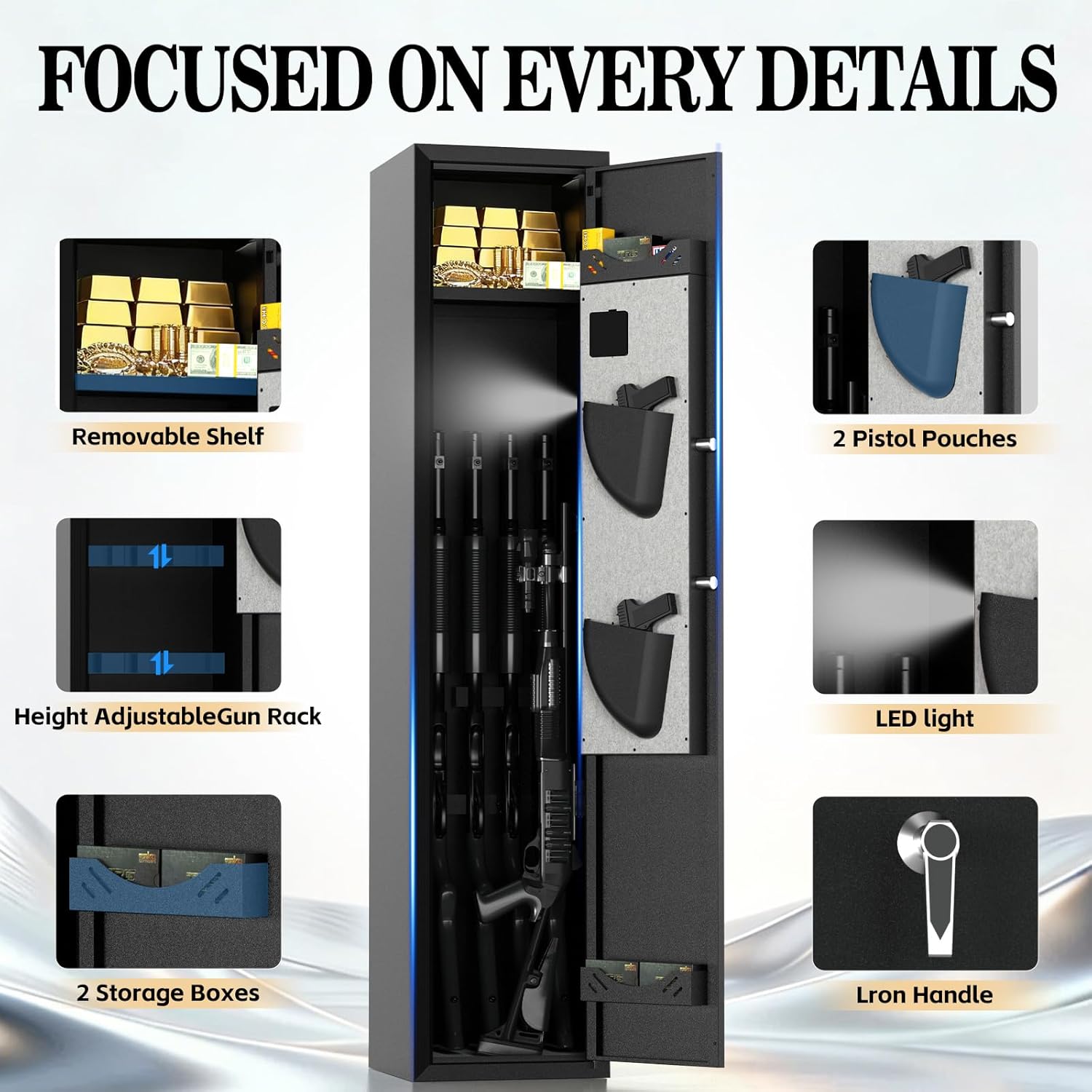 [No Assembly Required] 4-5 Biometric Gun Safe for Rifles and Pistols, Fingerprint Gun Cabinets for Rifles and Shotguns with Adjustable Shelves and Pistol Pockets, Quick Access Rifle Safe with Alarm