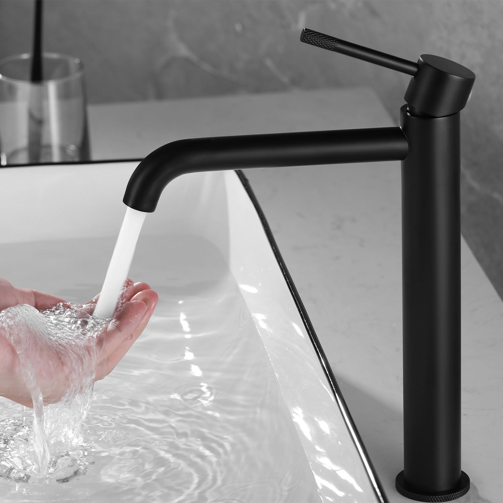 PHASAT Grifo para Lavabo de Baño Negro Alto, Grifo Monomando Lavabo de 304 Acero Inoxidable, Grifo Mezclador de Lavabo PTMP22B