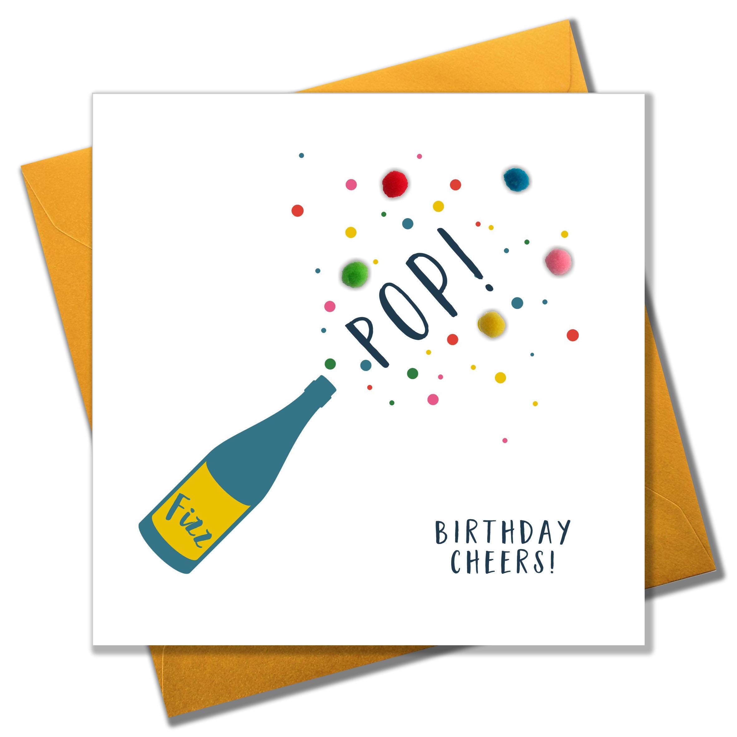 Claire Giles Greeting Cards, Happy Birthday Card, Birthday Cheers Design Greeting Card, Embellished with Colourful Pompoms