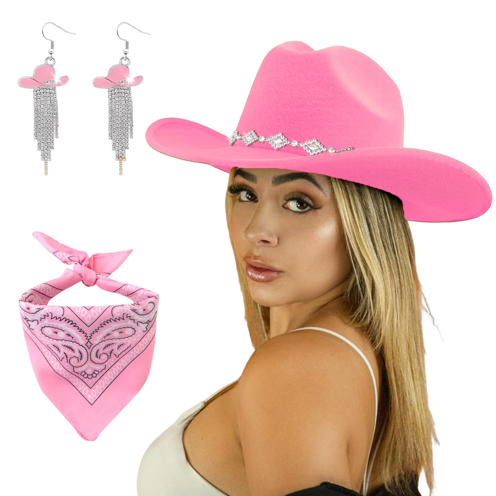 Photo 1 of JIANGLAI Western Cowgirl Hat for Women Men, Fedora Wide Brim Rhinestone Cowboy Hat with Bandana and Cowgirl Tassels Earrings (Bright pink, One Size)
