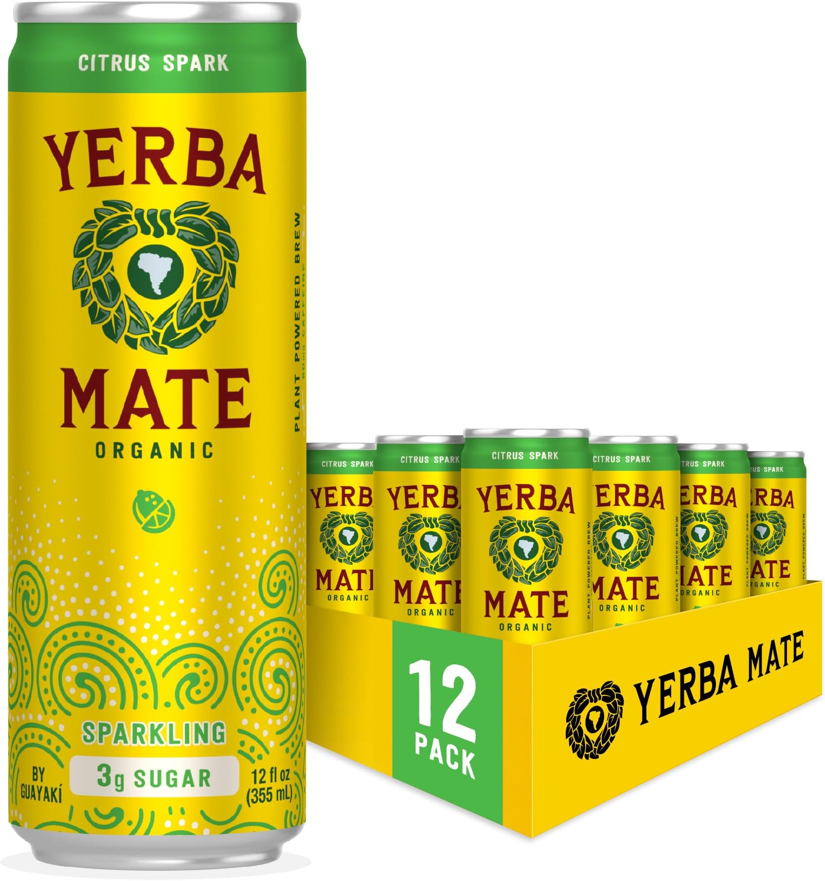 Yerba Madre Organic Sparkling Yerba Mate, Citrus Spark, Low Sugar, 80mg Natural Plant Based Caffeine, Smooth Energy & Focus, Carbonated, 12 Oz (Pack of 12) (Packaging May Vary)USDA Organic