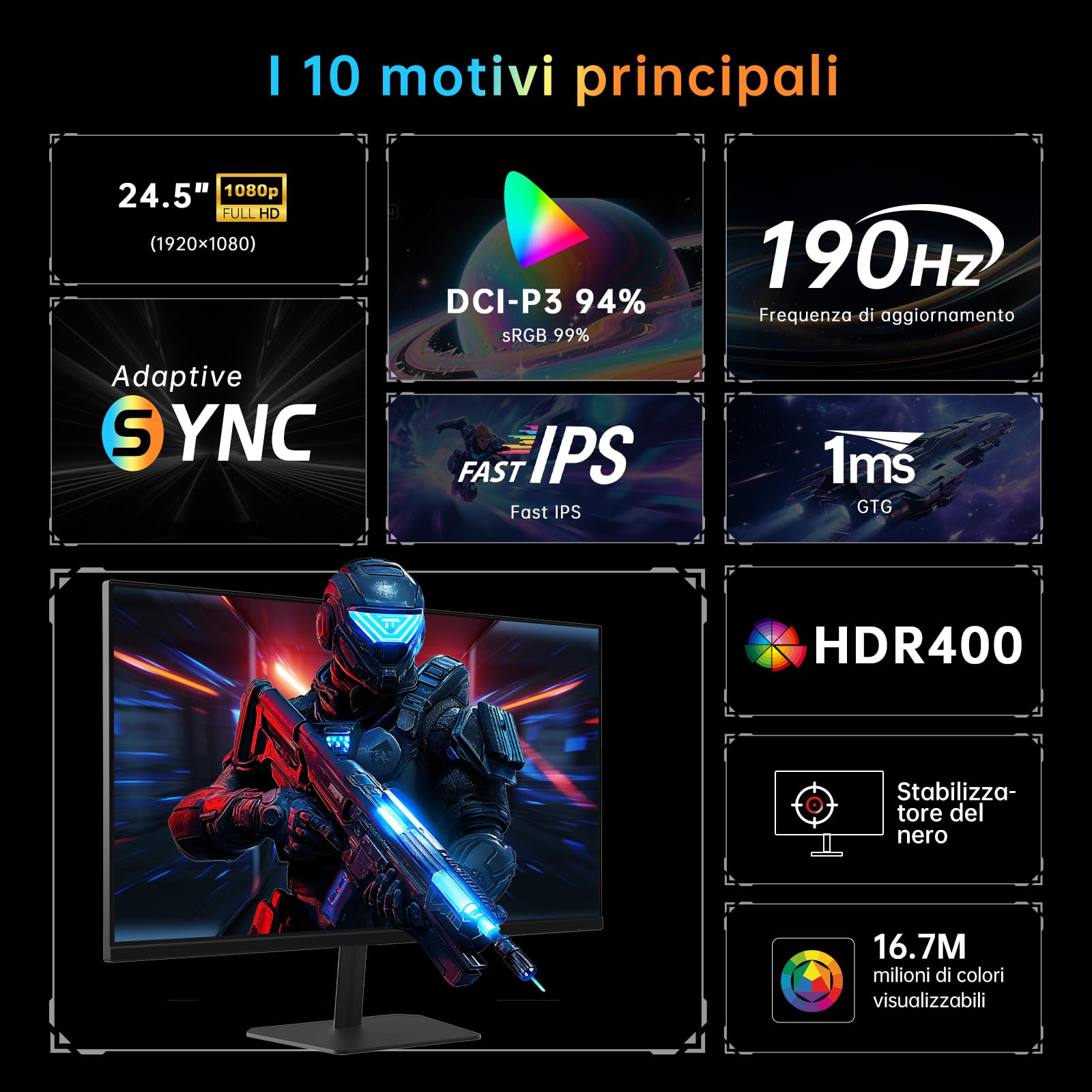 KTC Monitor Gaming 24 Pollici, FHD 1080P@180Hz (OC 190Hz) con pannello Fast IPS, Tempo di Risposta 1ms, FreeSync/G-Sync, HDR400, 133% sRGB, HDMI 2.0 / DP 1.4, Filtro Anti-Luce Blu, VESA 100×100