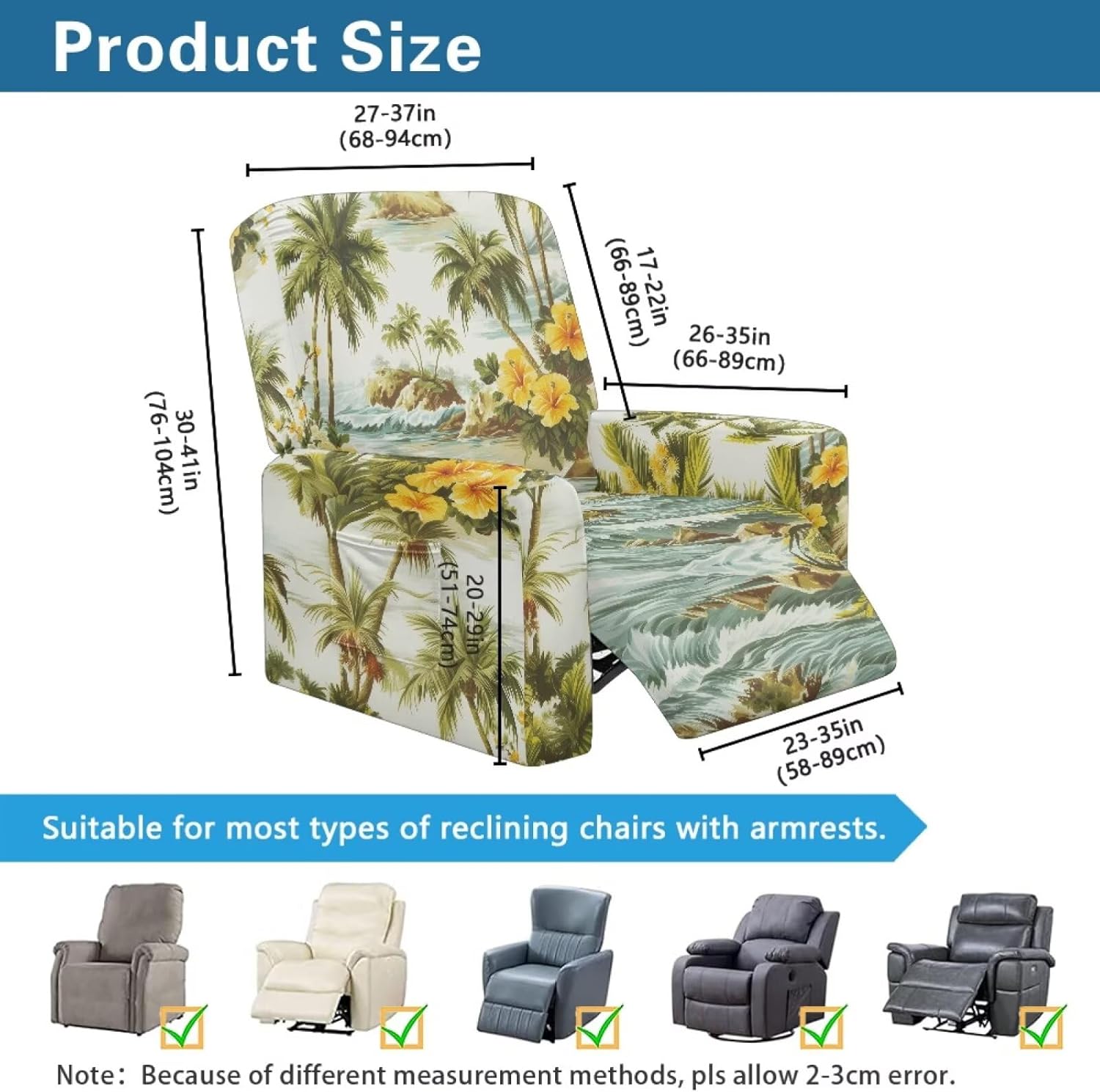 Tropical Hibiscus Palm Tree Print Recliner Chair Covers 4-Pieces Stretch Lazyboy Recliner Chair Cover Fitted Sofa Couch Cover Soft Reclining Couch Slipcover Furniture Protector