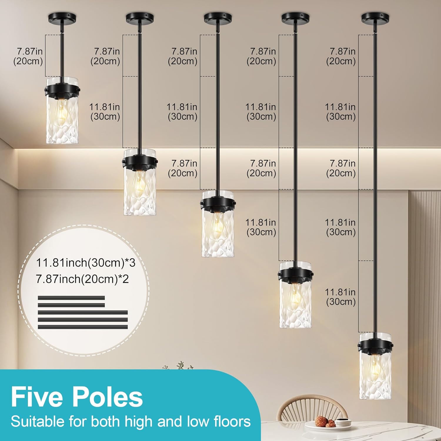 4.72" Hammered Glass Pendant Lighting for Kitchen Island 1 Pack, Modern Black Pendant Light Fixtures, Adjustable Ceiling Pendant Light for Kitchen Island Dining Room Bedroom Hallway