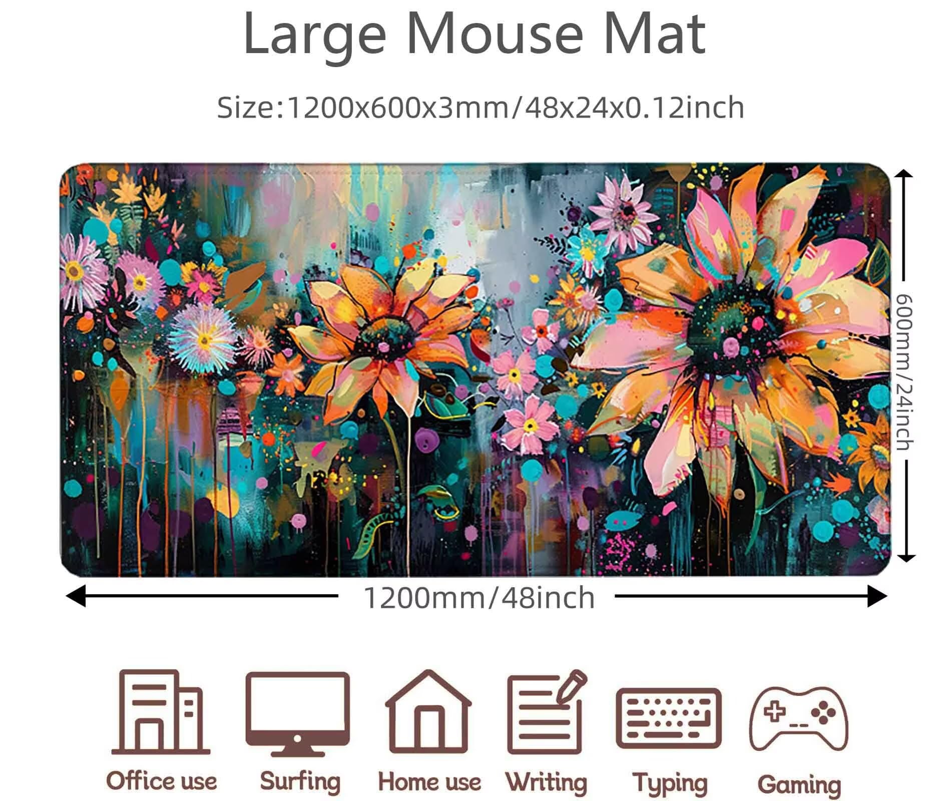 Podkładka pod mysz z kwiatami XXL podkładka pod mysz do gier 1200 x 600 mm, wodoodporna podkładka pod mysz w kolorze myszy z antypoślizgową gumową podstawą i przeszytymi krawędziami do gier, domu i