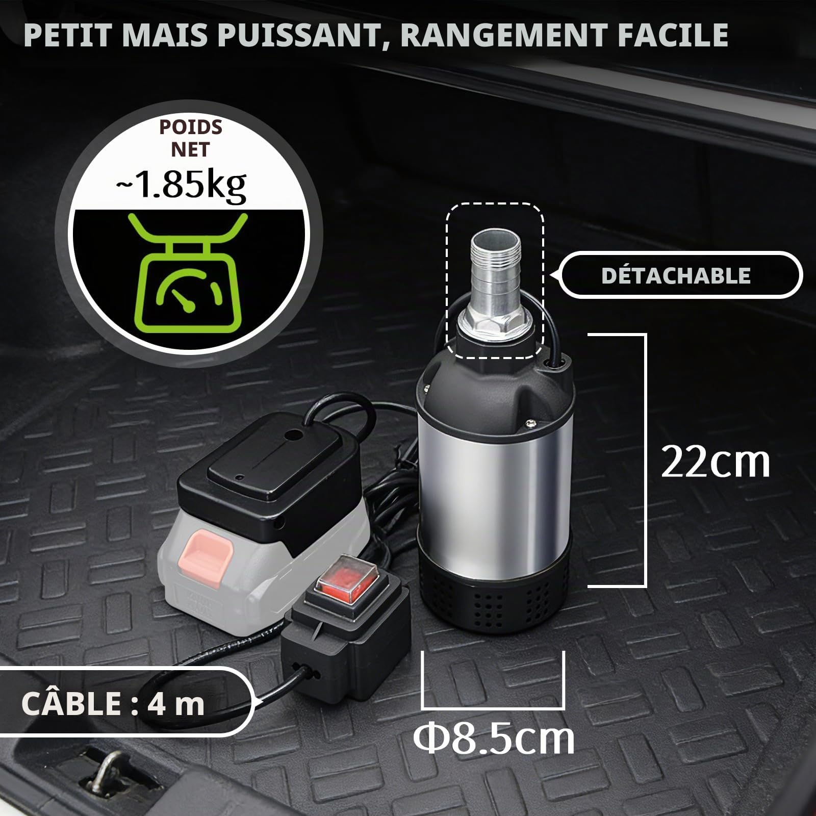 Pompe à Eau Electrique, Submersible Pompe Vide Cave 21V, Compatible avec Makita 18V Batterie, Débit Puissant 4800L/H, Hauteur de Refoulement 5-8m, pour Jardin, Irrigation Agricole, Drainage