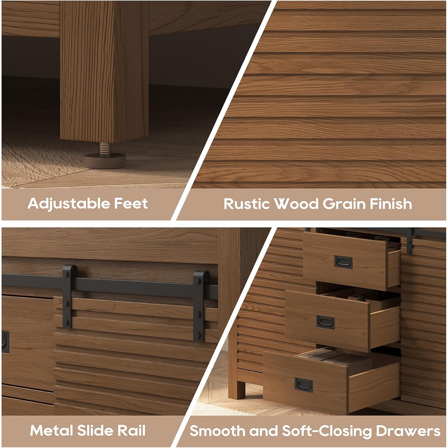 Collage showing adjustable feet, rustic wood grain finish, metal slide rail, and smooth soft-closing drawers.