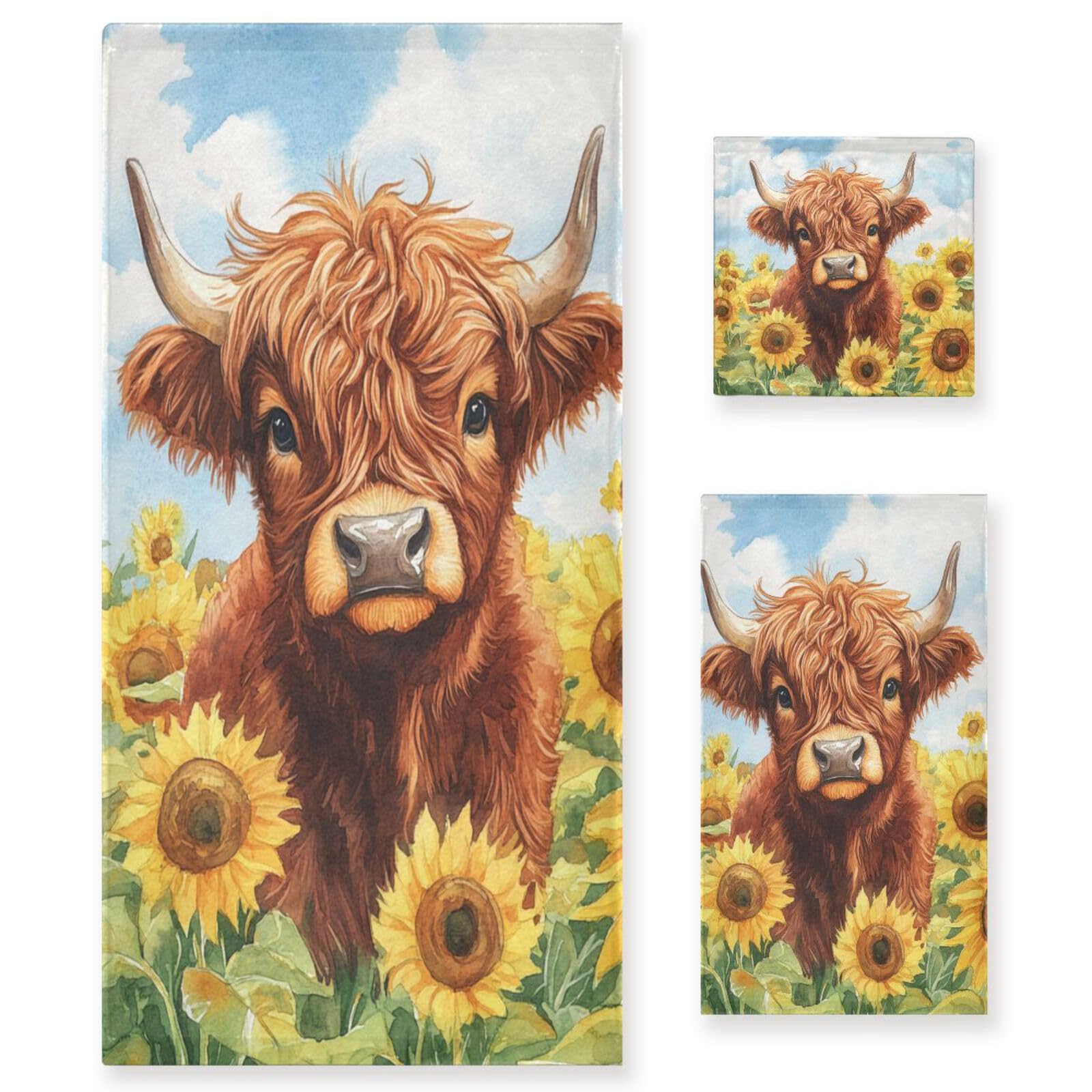 ALAZA Highland Cow Sunflowers 3-Piece Towel Set, Bath, Hand, Washcloth, Polyester/Cotton Blend, Multicolor