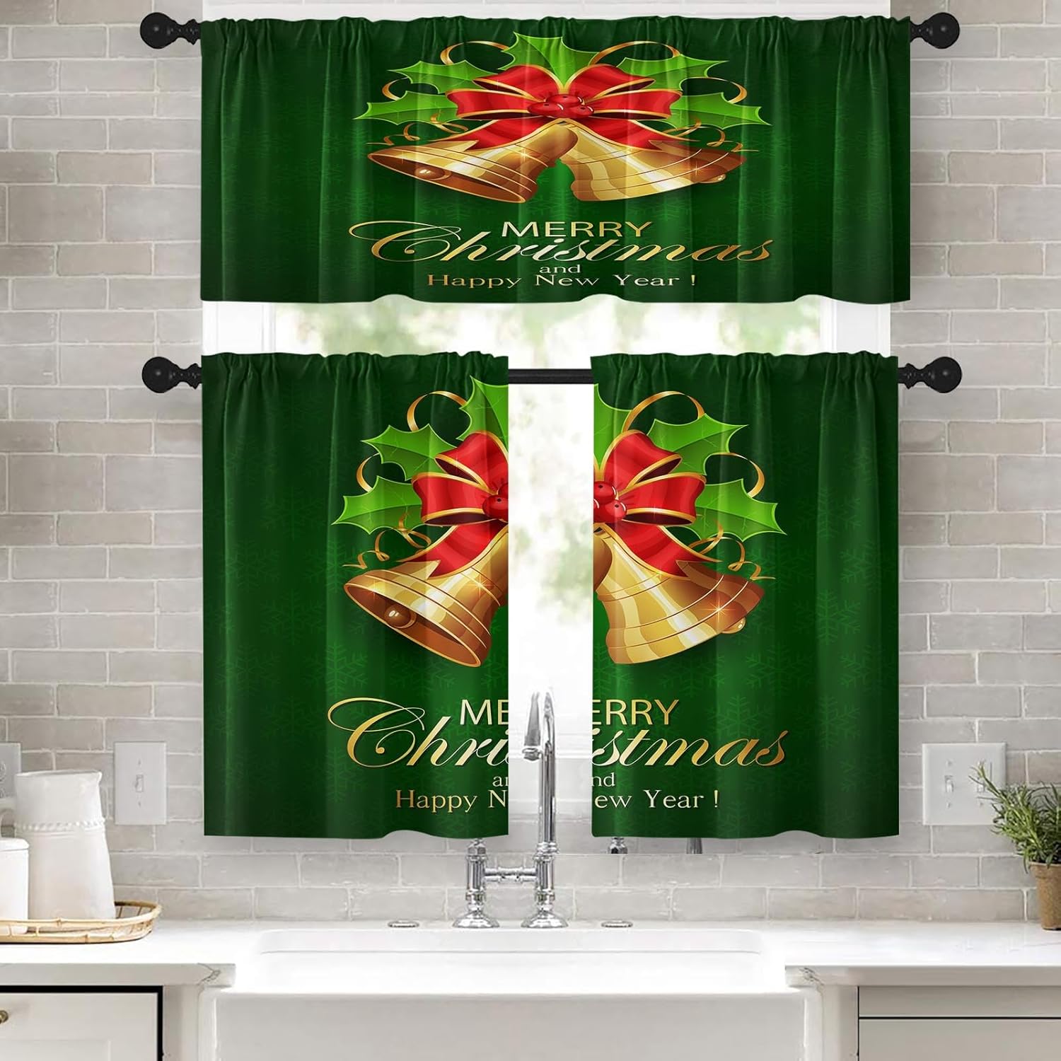 Emvency Merry Christmas Kitchen Curtains Green Bell Window