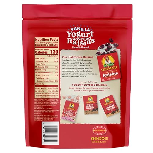 Miniatura 3 de Sun-Maid Pasas recubiertas de yogur de vainilla, paquete de 12, bolsa resellable de 8 onzas, aperitivo de frutas secas cubiertas de yogur