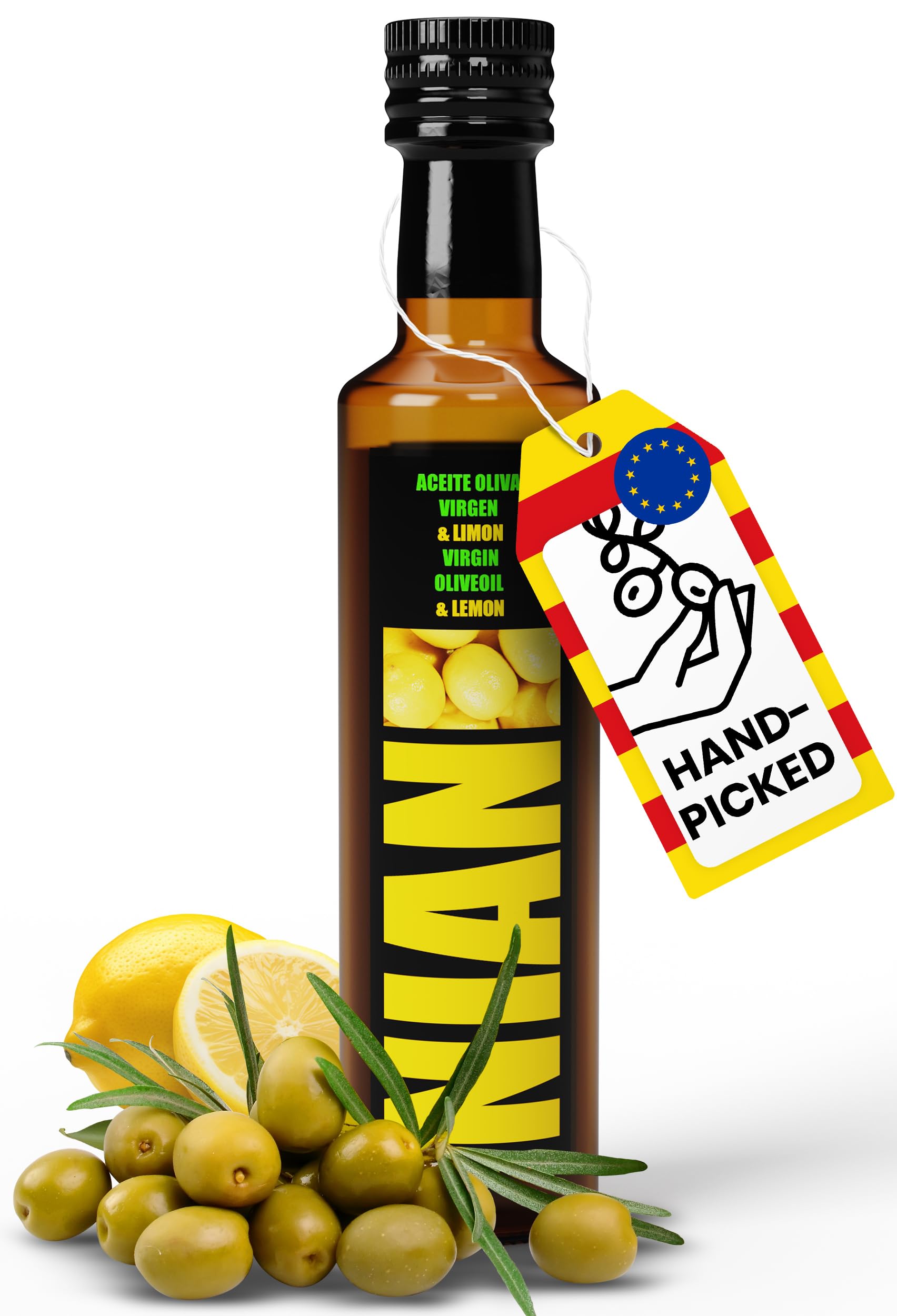 NIAN® Olivenöl Zitronenöl 250ml [DAS OLIVENÖL DER STERNEKÖCHE] - 100% reinsortig, Arbequina Oliven der neuesten Ernte - Oliven Öl für Gourmet-Küche daheim - gepressst mit Zitronen (vogelsichere Ernte)