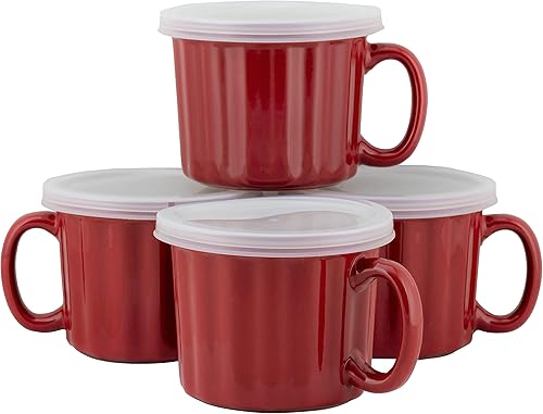 10 Strawberry Street Juego de 4 tazas de sopa de 16oz con tapa, color rojo