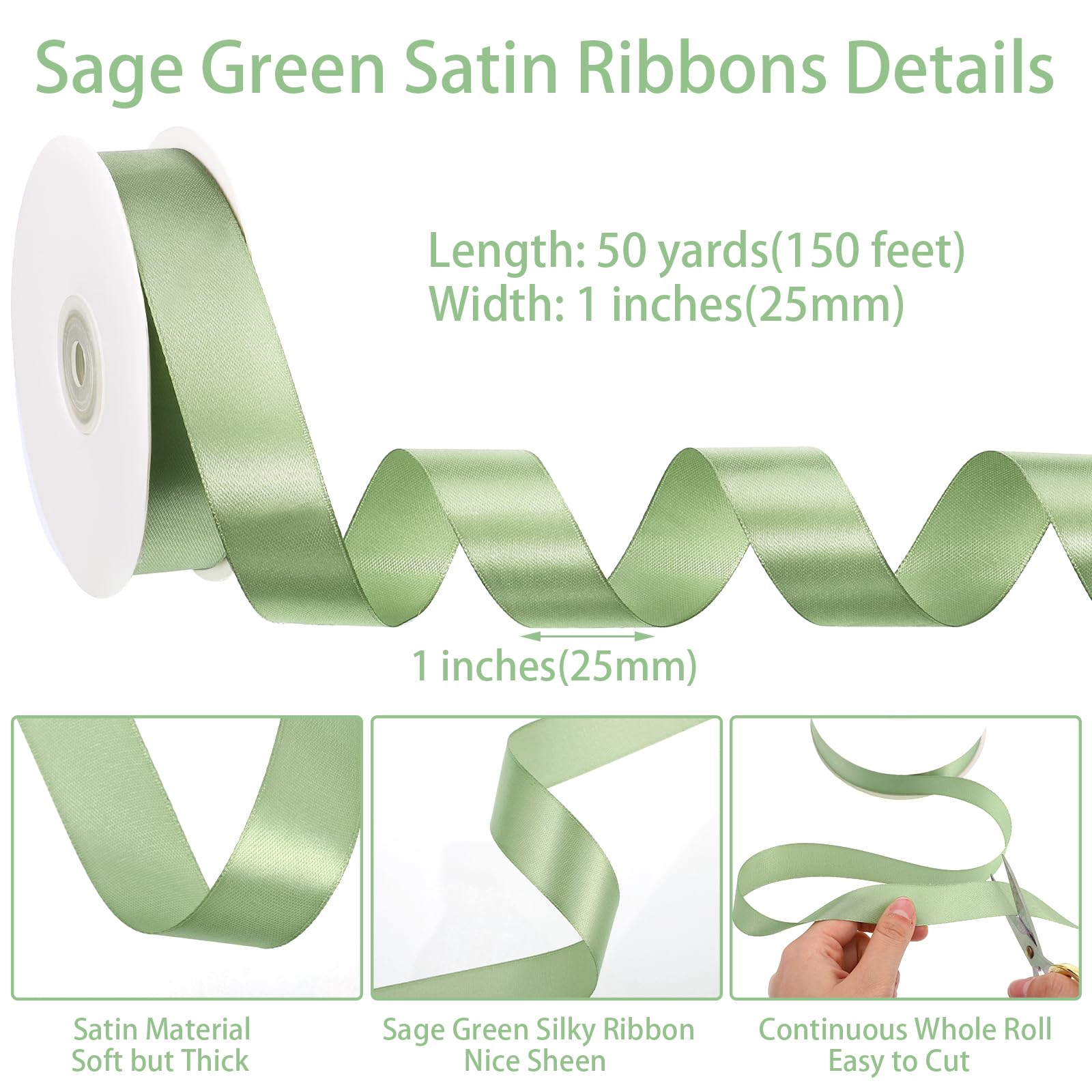 woric 45 m Schleifenband Grün, 25 mm Geschenkband Grün Satinband Band Salbeigrün für Tischdeko Geburtstag Hochzeit Deko Geschenkband Breit
