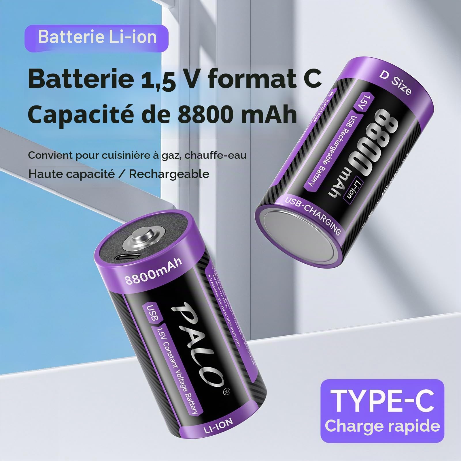 Lot de 6 piles D 1,5 V USB-C LR20 8800 mAh au lithium, batterie de type C, faible auto-décharge, avec lumière de charge, plus de 1500 cycles, lot de 6 piles D 1,5 V