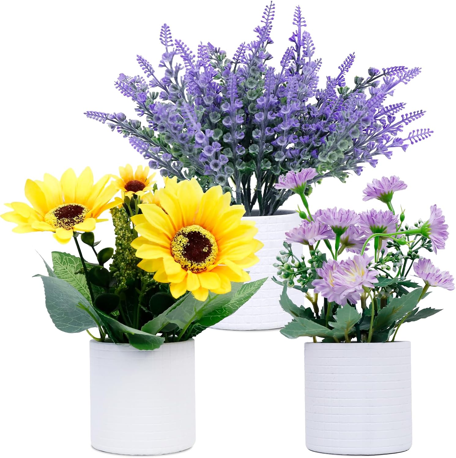 FGSAEOR Mini Potted Fake Plants, Small Artificial Greenery Plants Topiaries, Low Maintenance, Shelf Desk Room Table Office Home Decor (3-Pack) (White Pot - Purple Yellow)