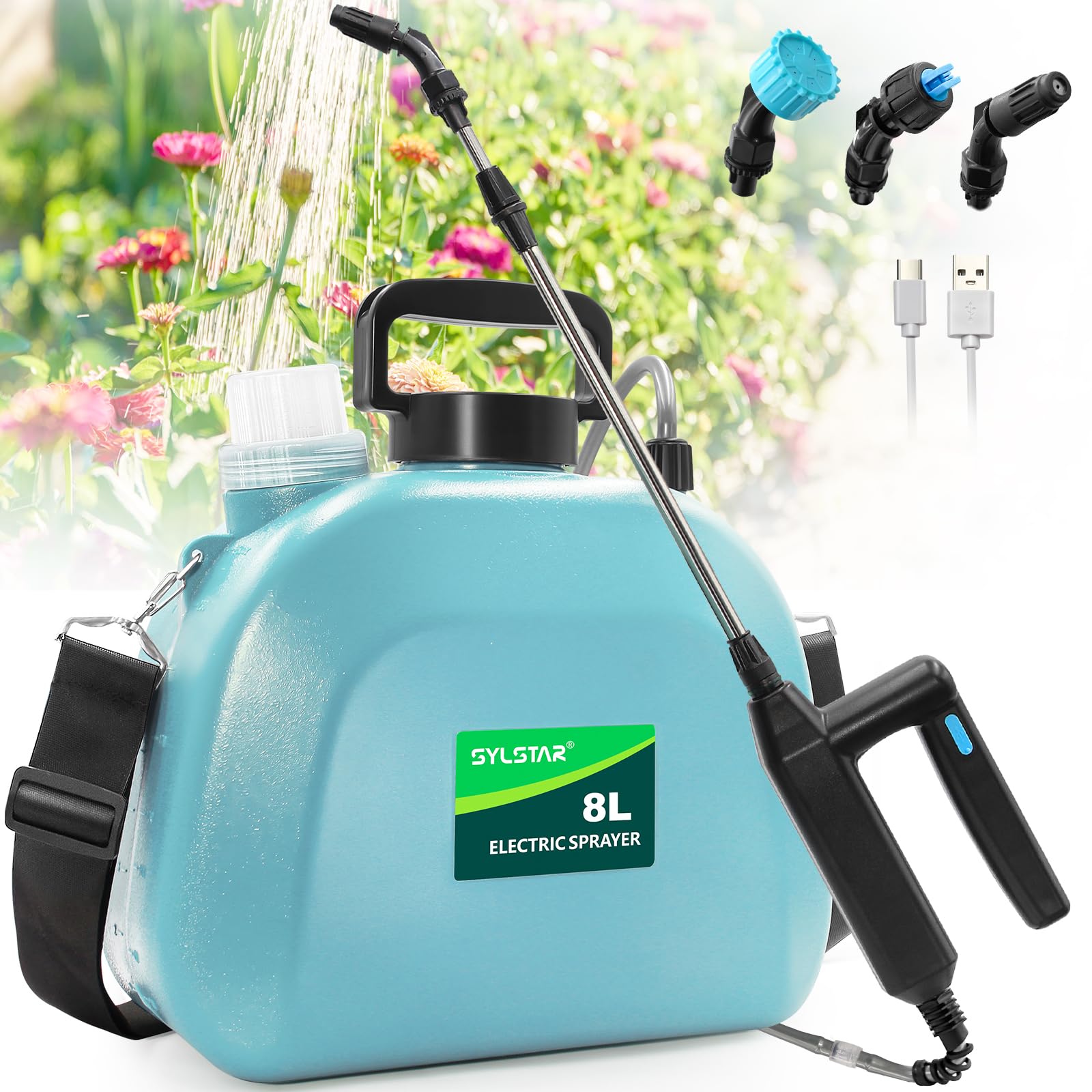 Battery Powered Garden Sprayer 8L, Upgrade Electric Weed Sprayer with 3 Mist Nozzles, USB Rechargeable Handle, Retractable Wand and Adjustable Shoulder Strap, Water Spray for Lawn (Blue)