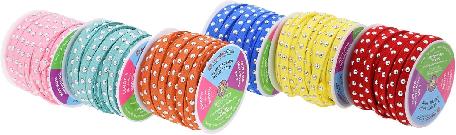 Mandala Crafts 20 Yards Rainbow Combo Studded Faux Suede Cords Leather Trims - Flat Vegan Leather Lace Strips String with Silver Color Rivets for Jewelry Making, Crafts, Bracelets, and Decorations
